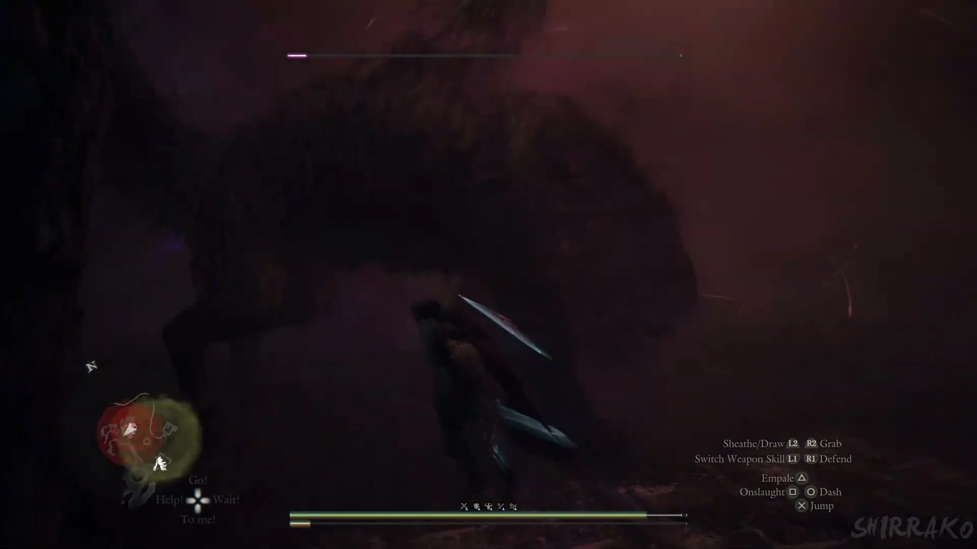 The dark outline of the beast in red-tinted gloom with only a sliver of the purple bar left