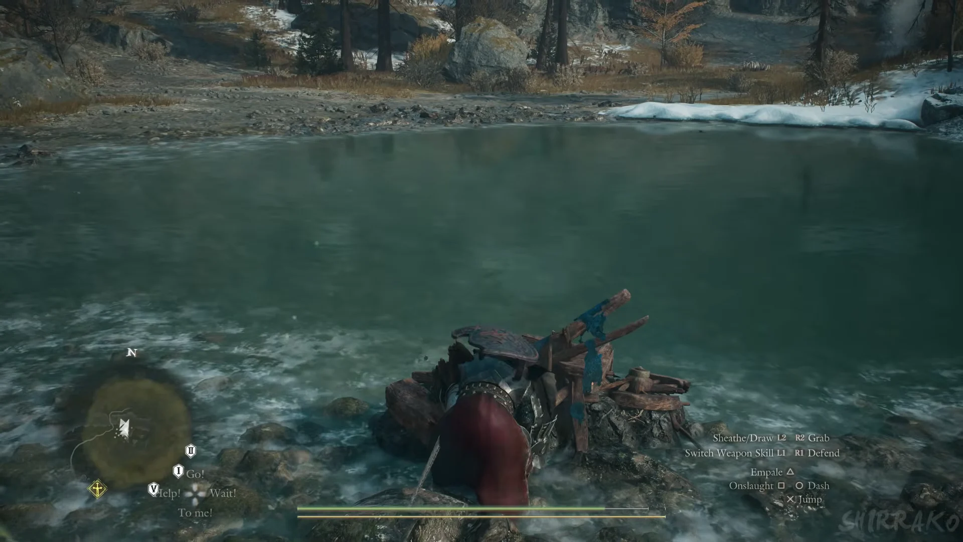 Wrecked cart in the lake shallows