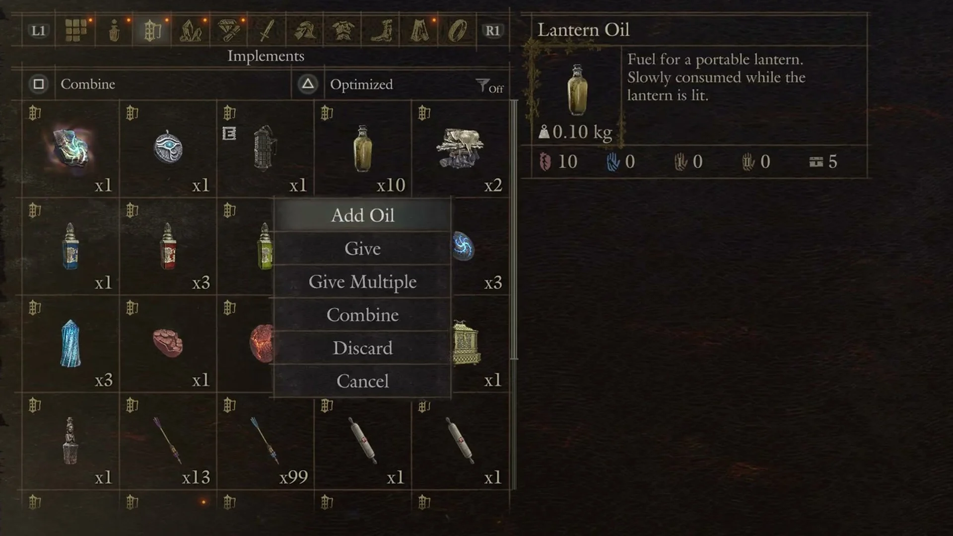 Items screen on the Implements tab with Lantern Oil selected and its menu open on Add Oil