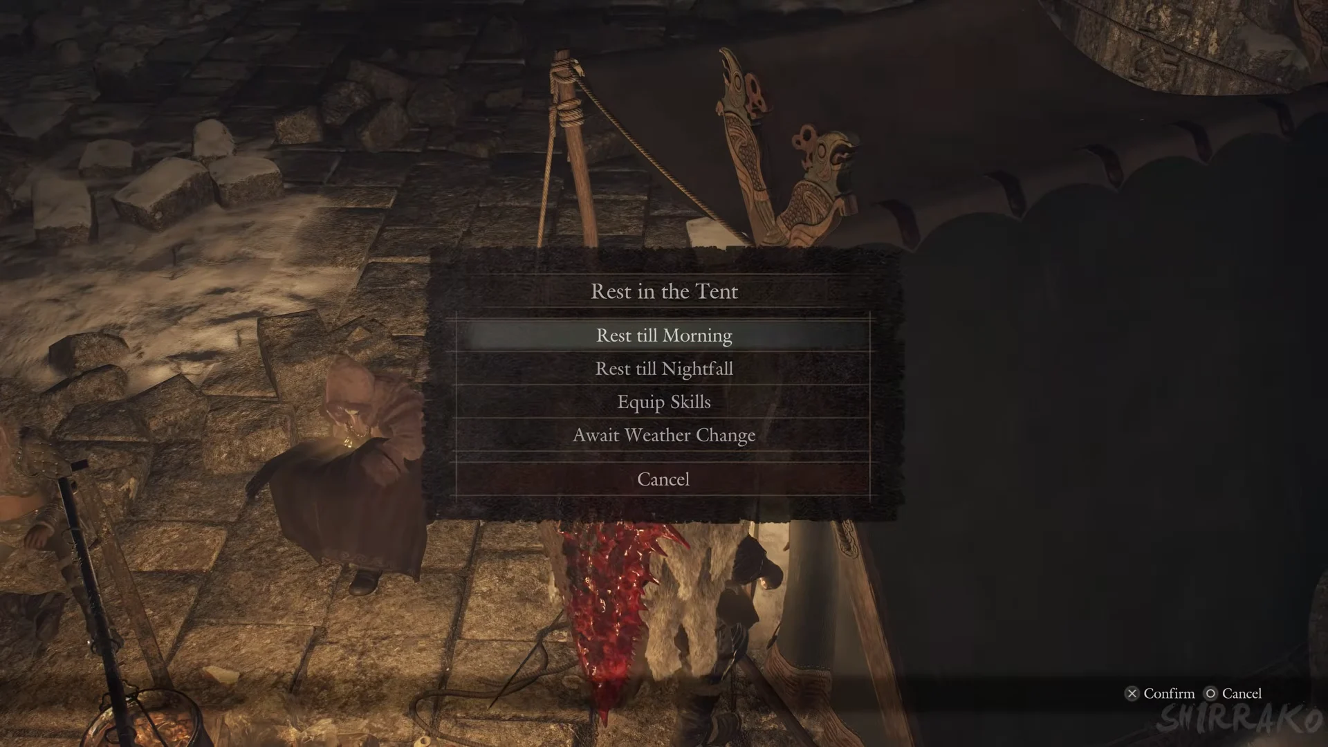 Tent menu with Await Weather Change