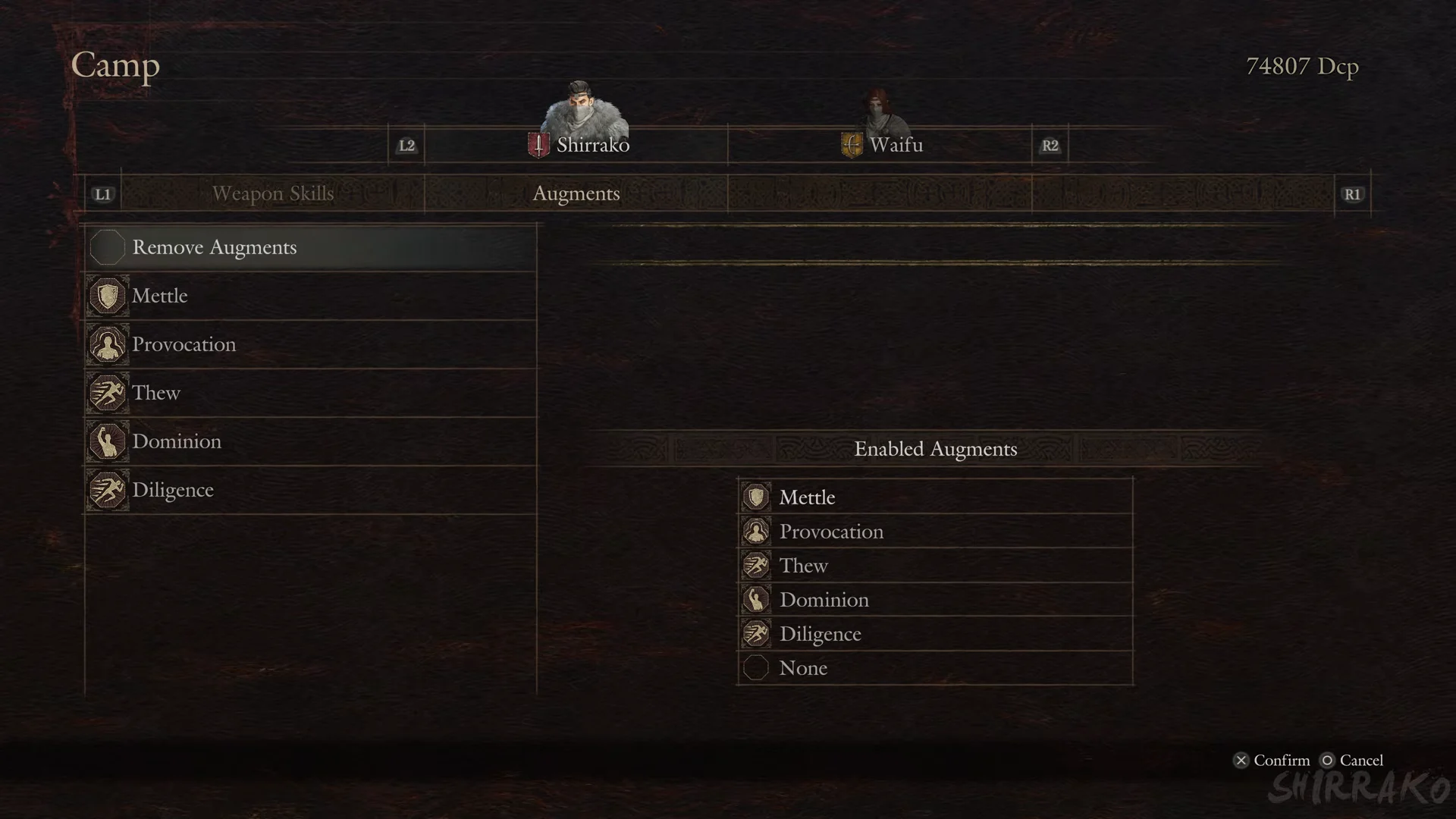 Skills and augments screen at a camp