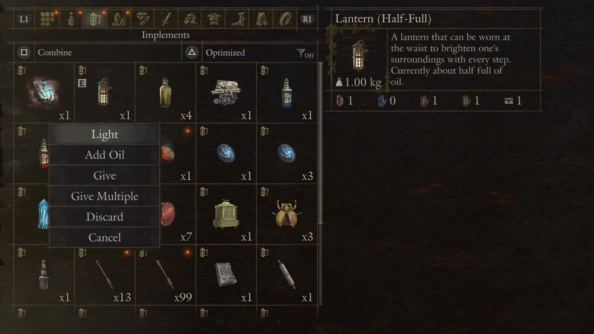 Items screen on the Implements tab with Lantern (Half-Full) selected and its menu open on Light