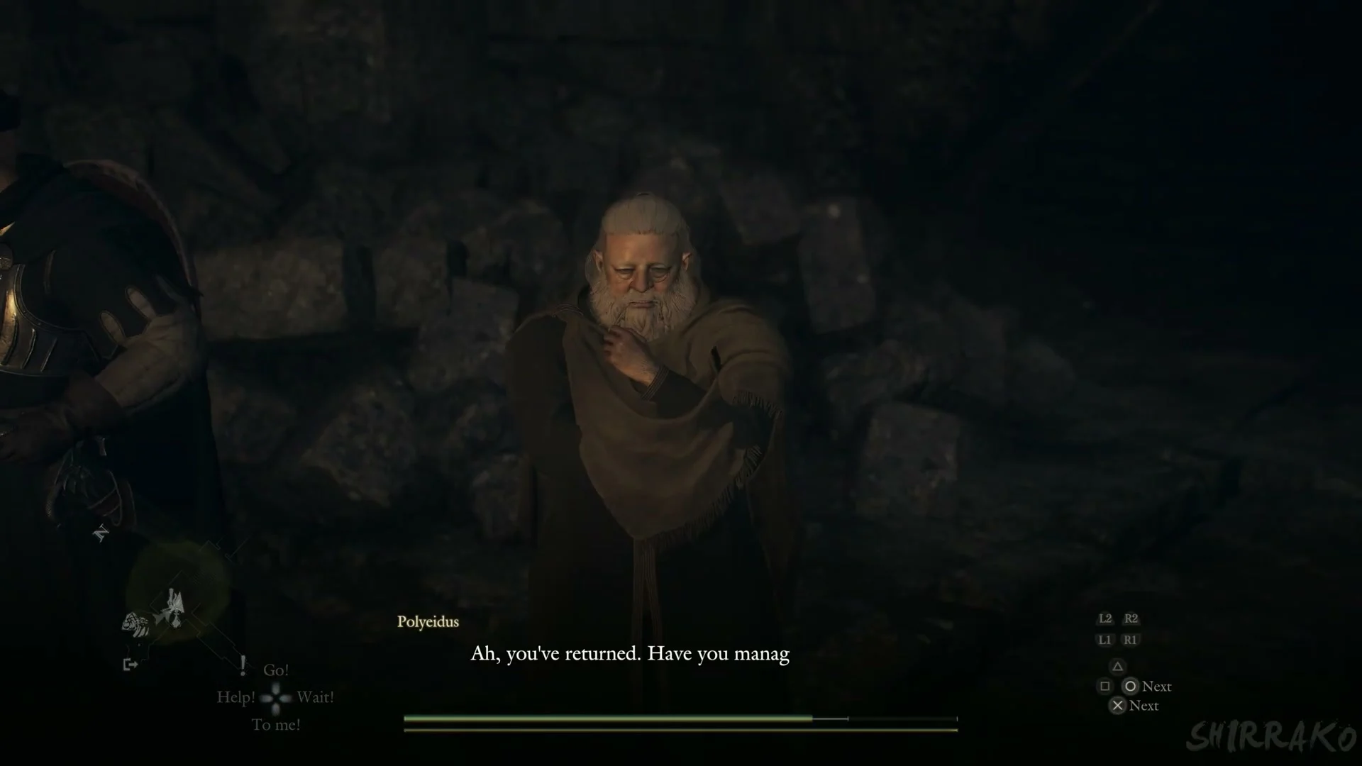 Polyeidus stroking his beard in a stone room at Castletown Campground