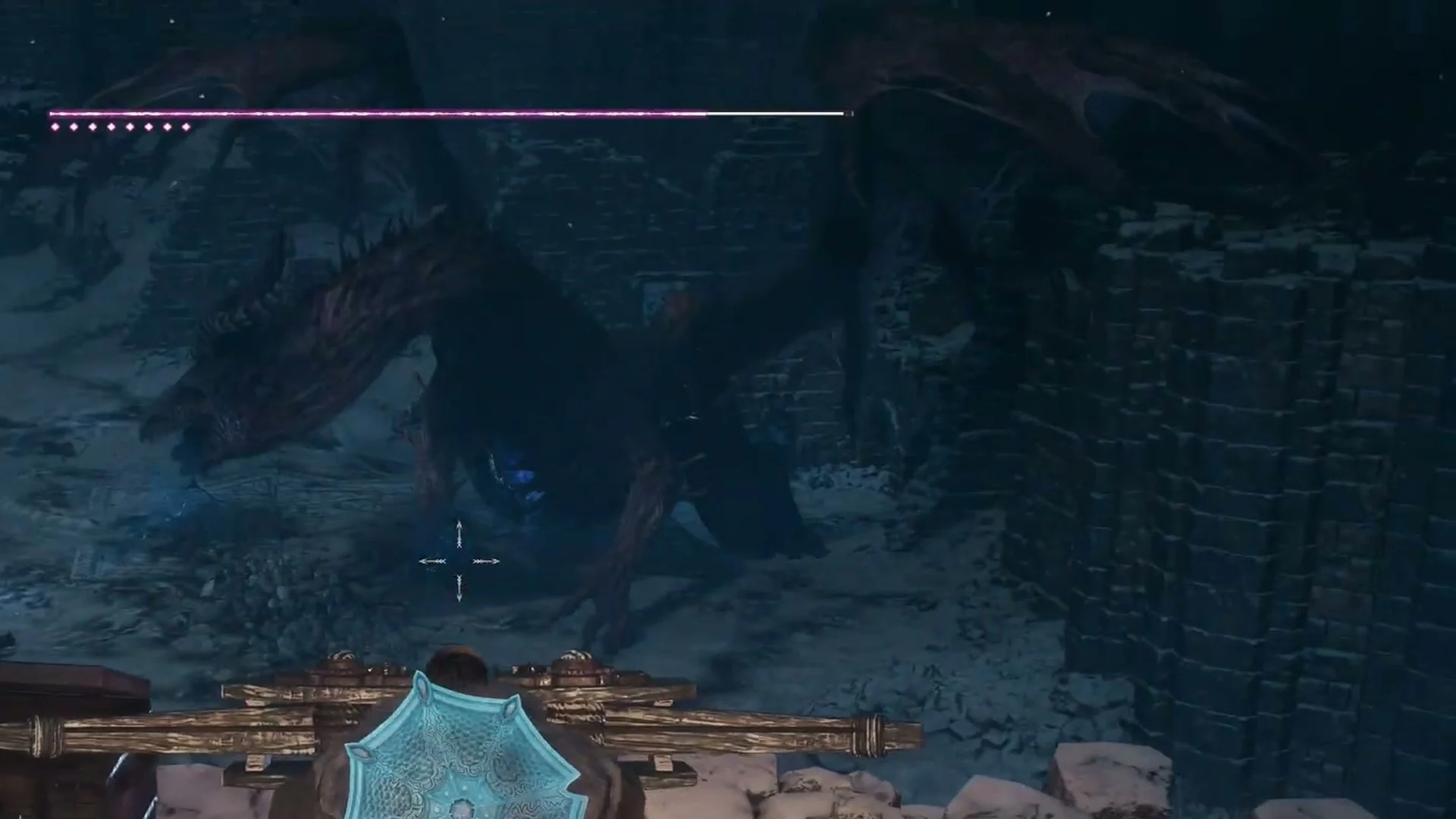 View over a ballista with the reticle on the Fallen Dragon and its health bar at the top of the screen