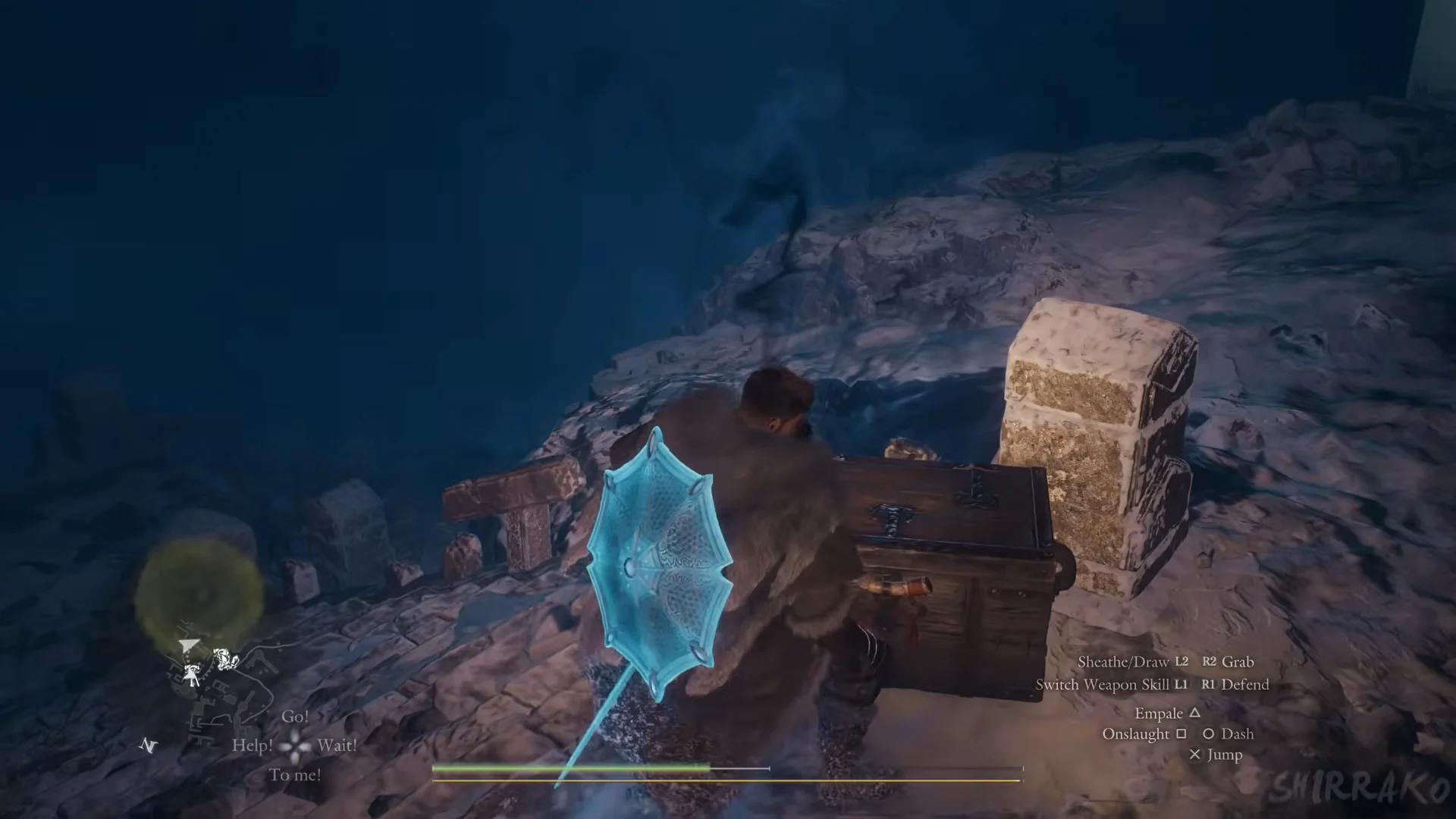 Chest beside the snowy stone block