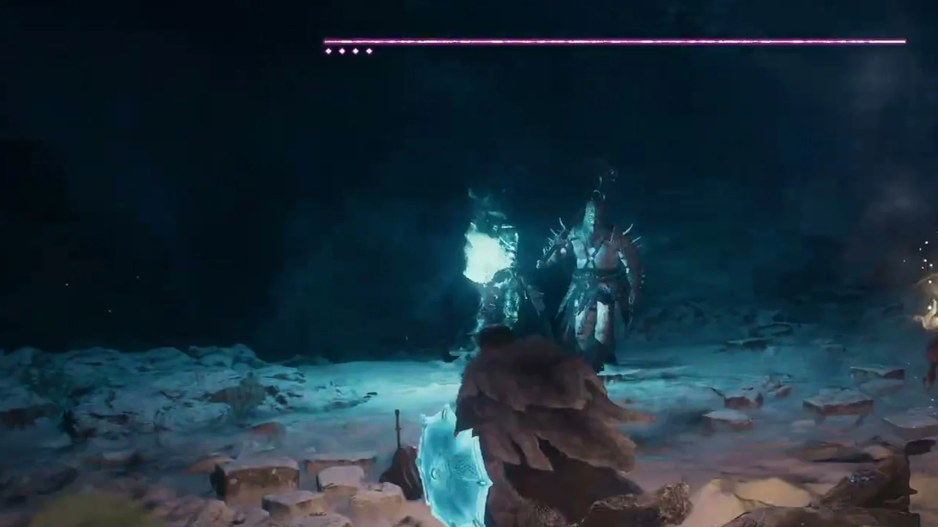 A blue-glowing armoured spectre facing the Arisen in a snowy ruined courtyard at night