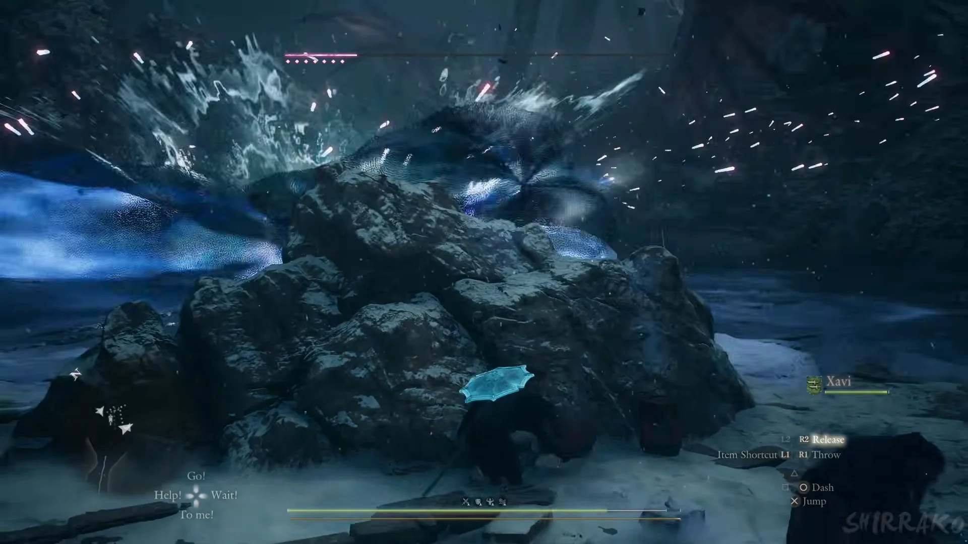 Hiding behind the rock from the blast