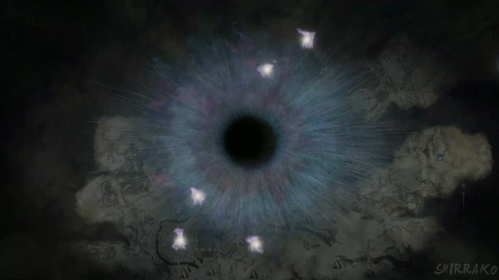 A large blue-grey eye opens over the map of Norgan after the Eye of the Sphinx is used