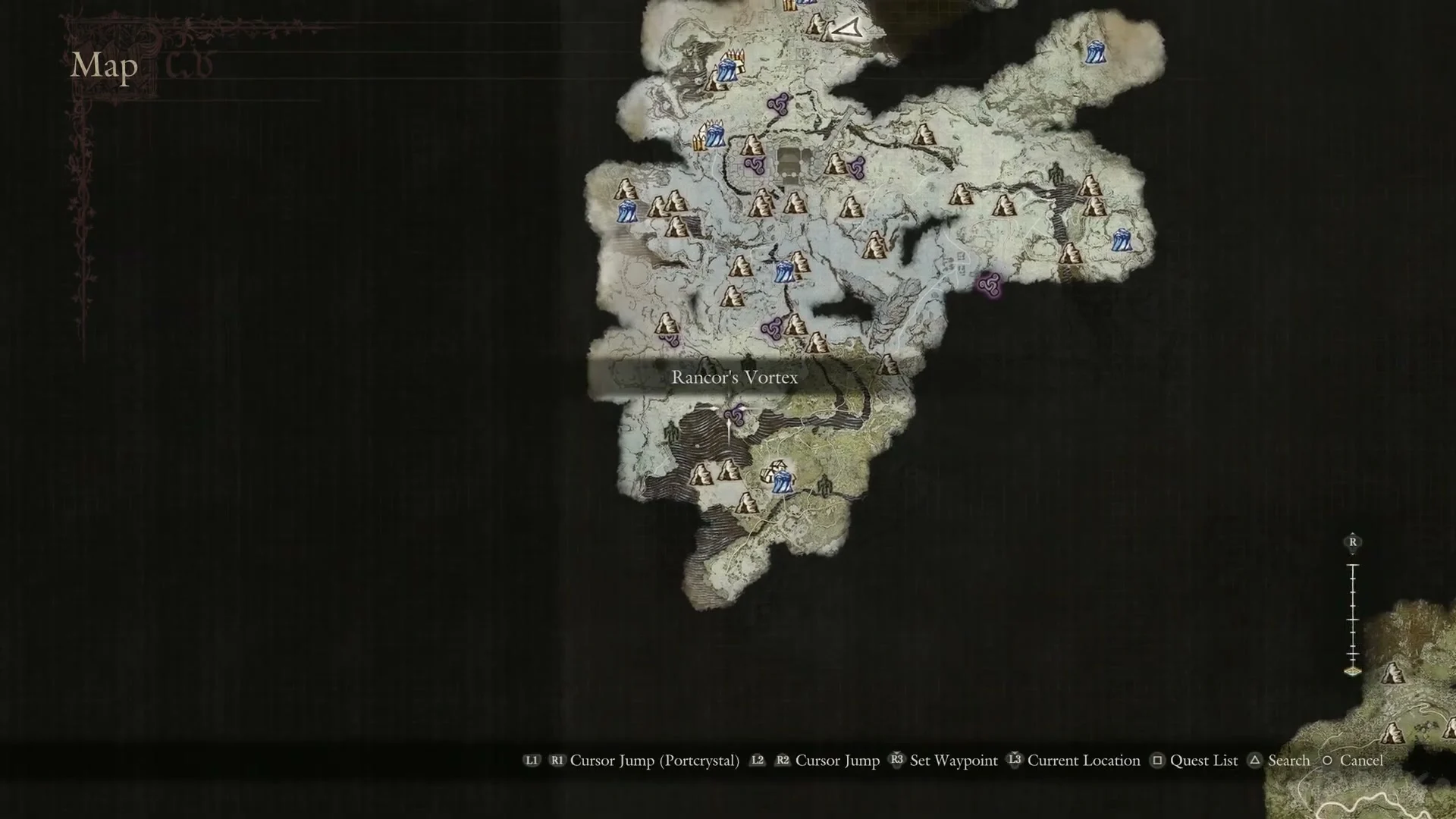 Map of Norgan with purple swirl markers and the label Rancor's Vortex under the cursor