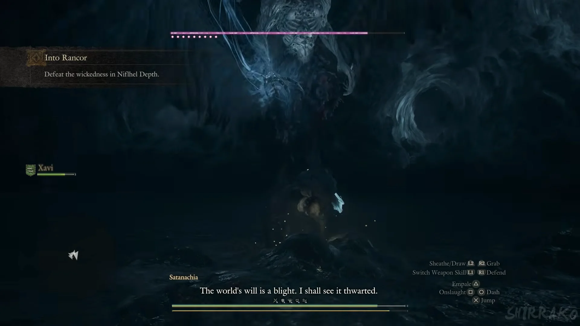Fight starts, objective and health bar