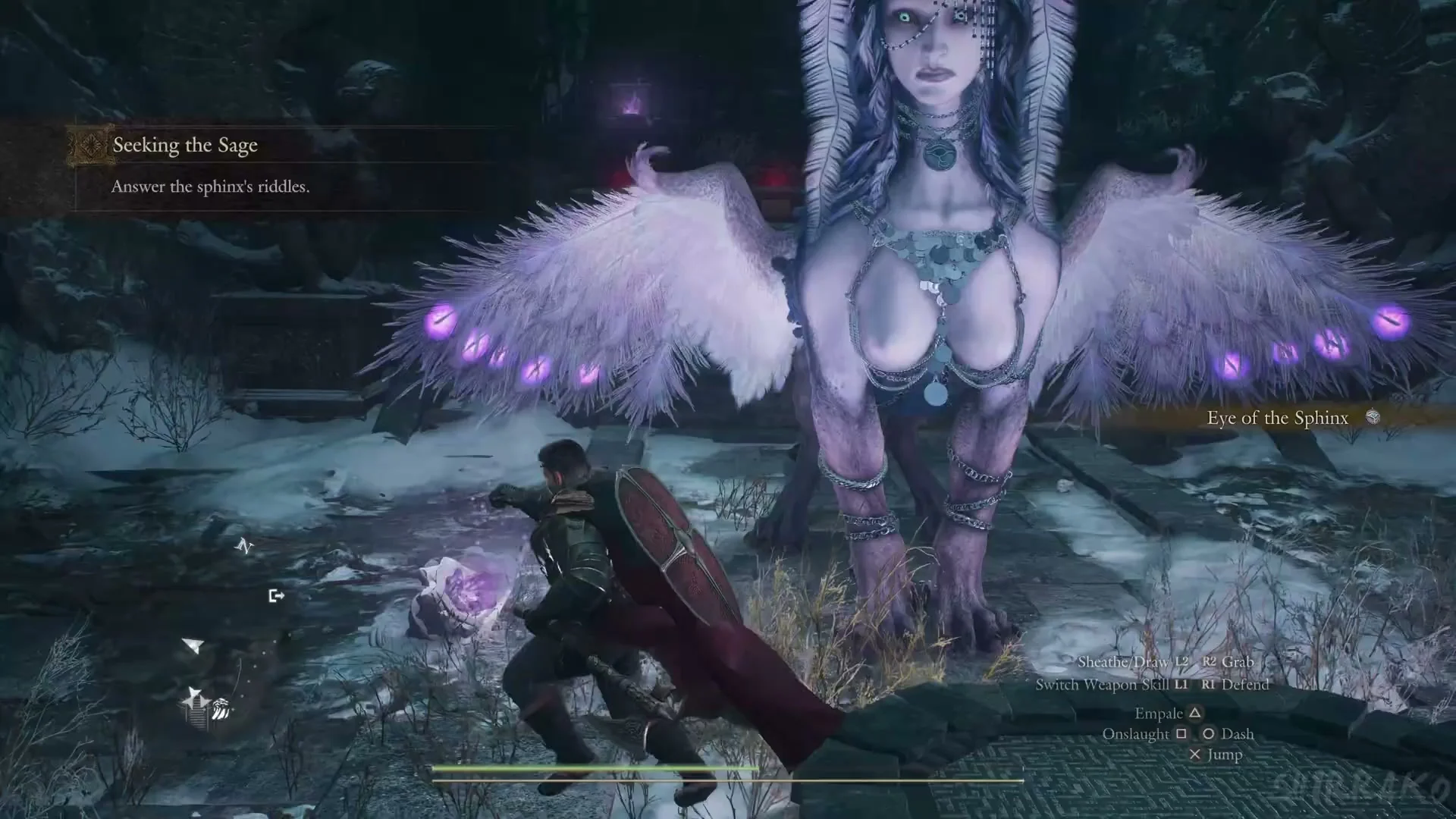 The Sphinx on her dais with the item banner Eye of the Sphinx at the right of the screen and the objective Answer the sphinx riddles