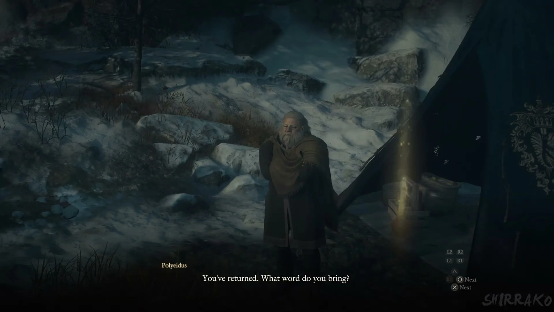 Polyeidus standing in the snow beside a dark tent painted with a gold crest