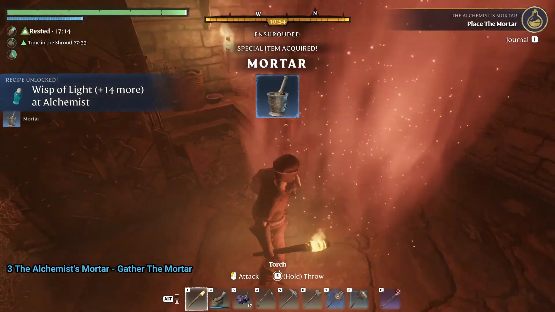 Special Item Acquired Mortar, Recipe Unlocked Wisp of Light (+14 more) at Alchemist