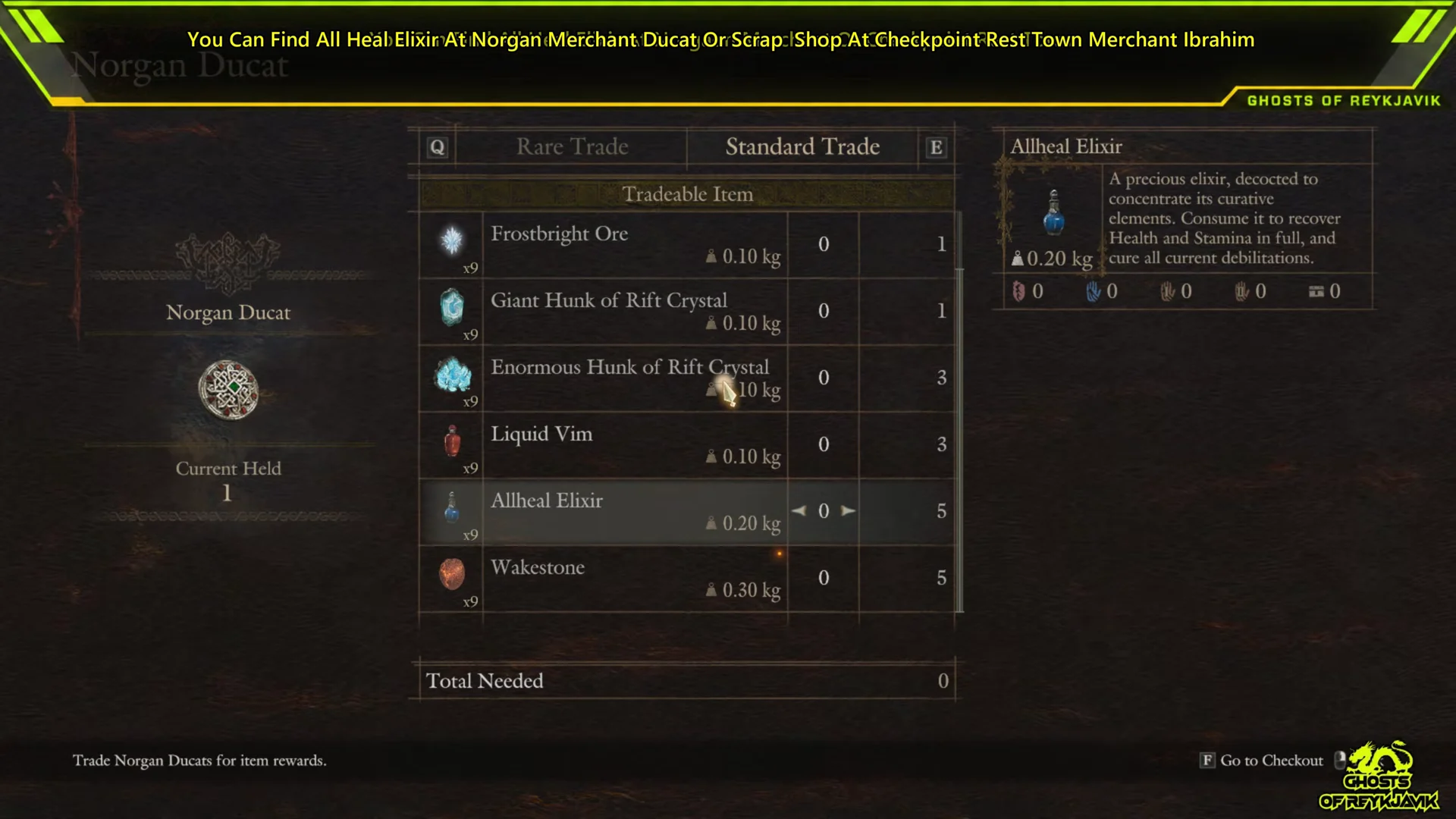 Trading for Allheal Elixir at Norganian Inn