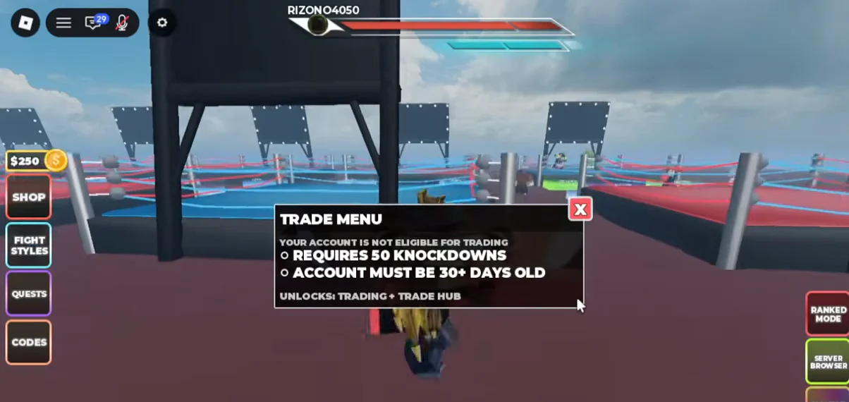 Trade Menu Requirements