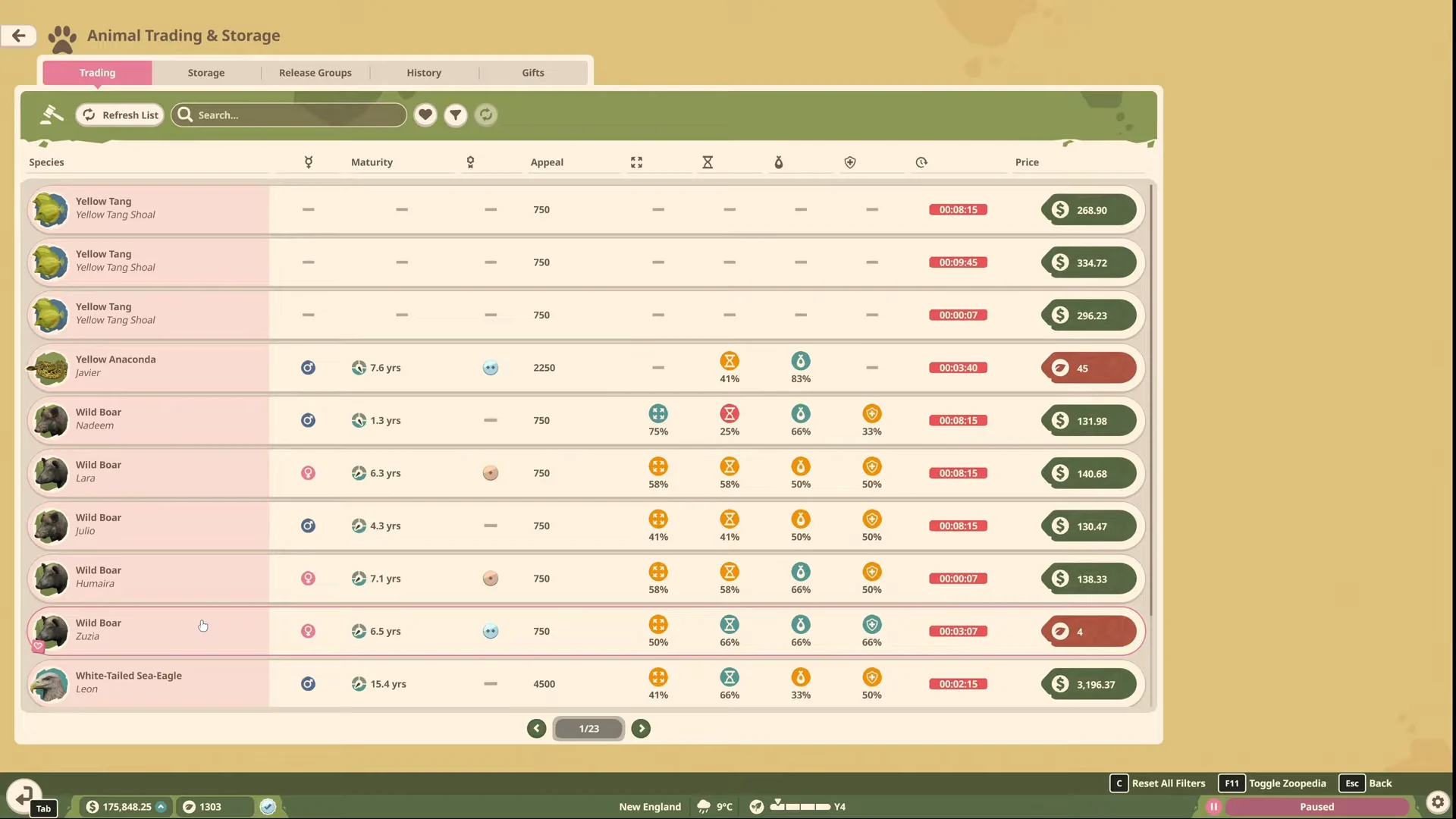 Animal Trading & Storage Menu