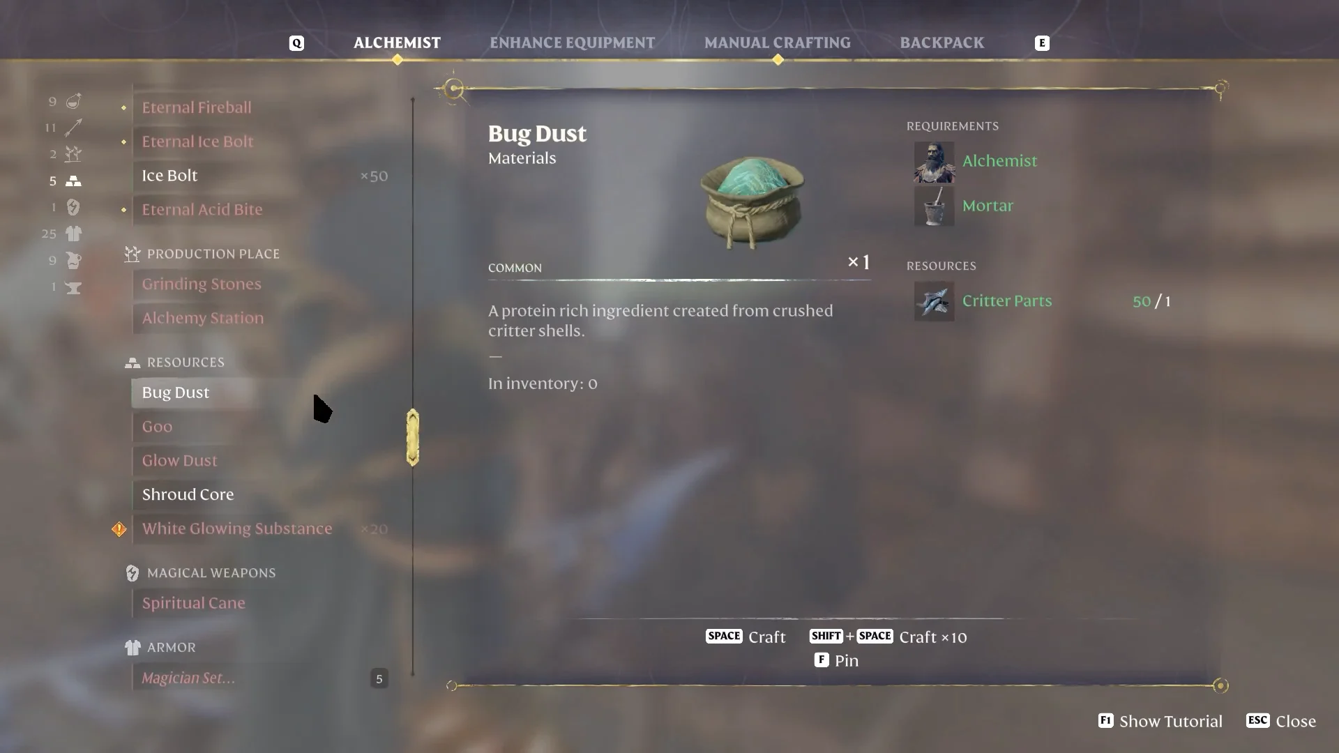 Alchemist crafting menu