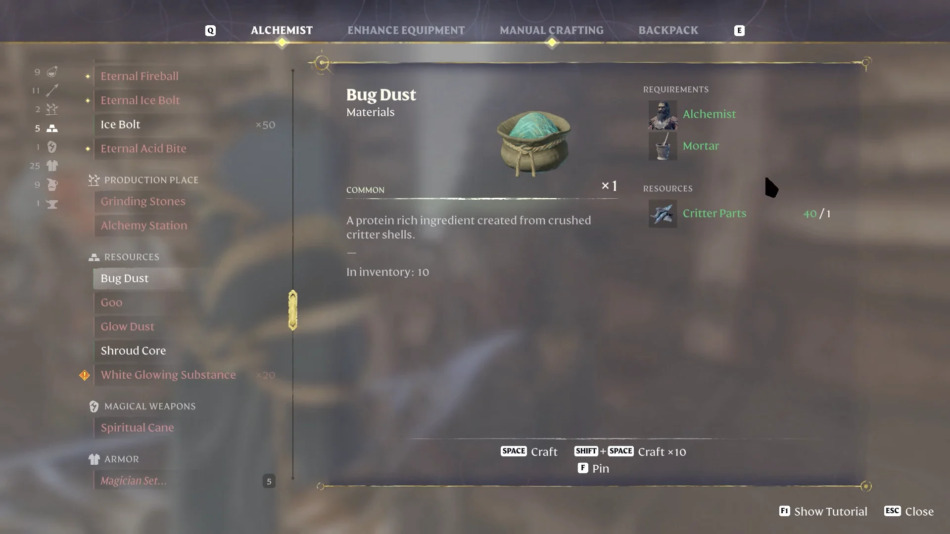 Bug Dust recipe (Alchemist, Mortar, Critter Parts)