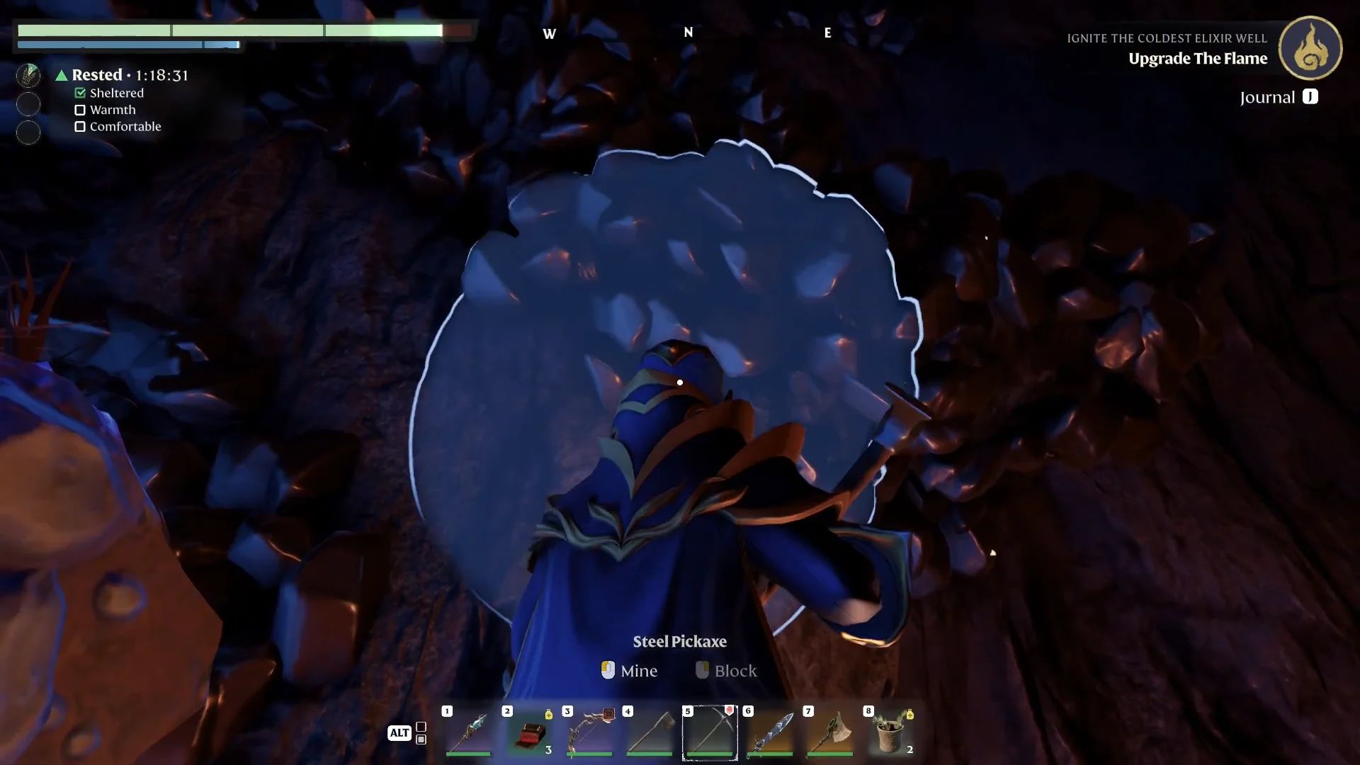 Mining obsidian rock with a pickaxe