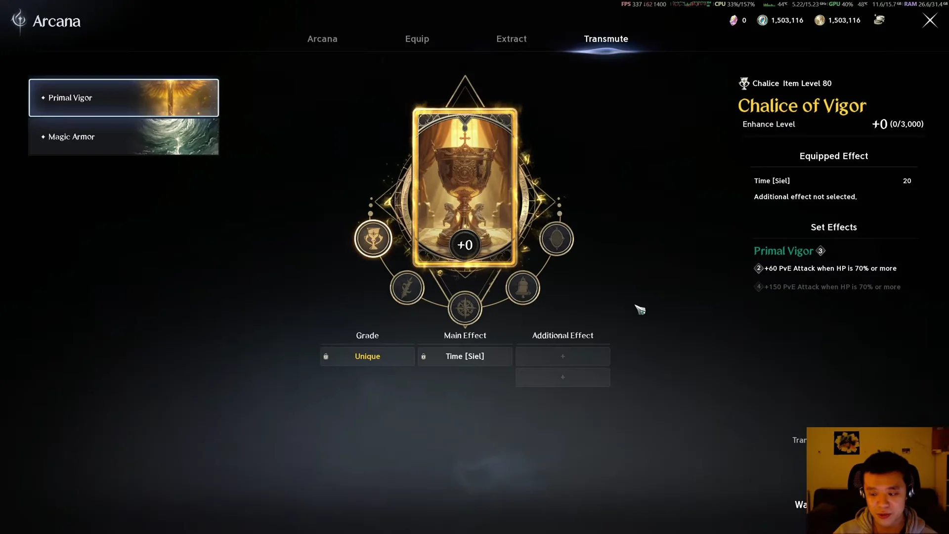 Arcana loadout and Gold Chalice transmutation