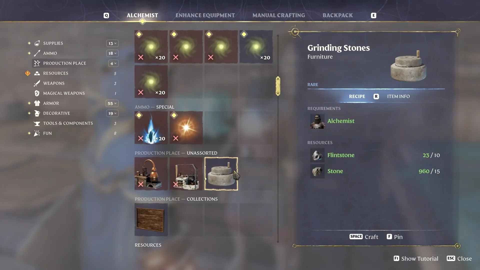 Alchemist production stations with the Grinding Stones