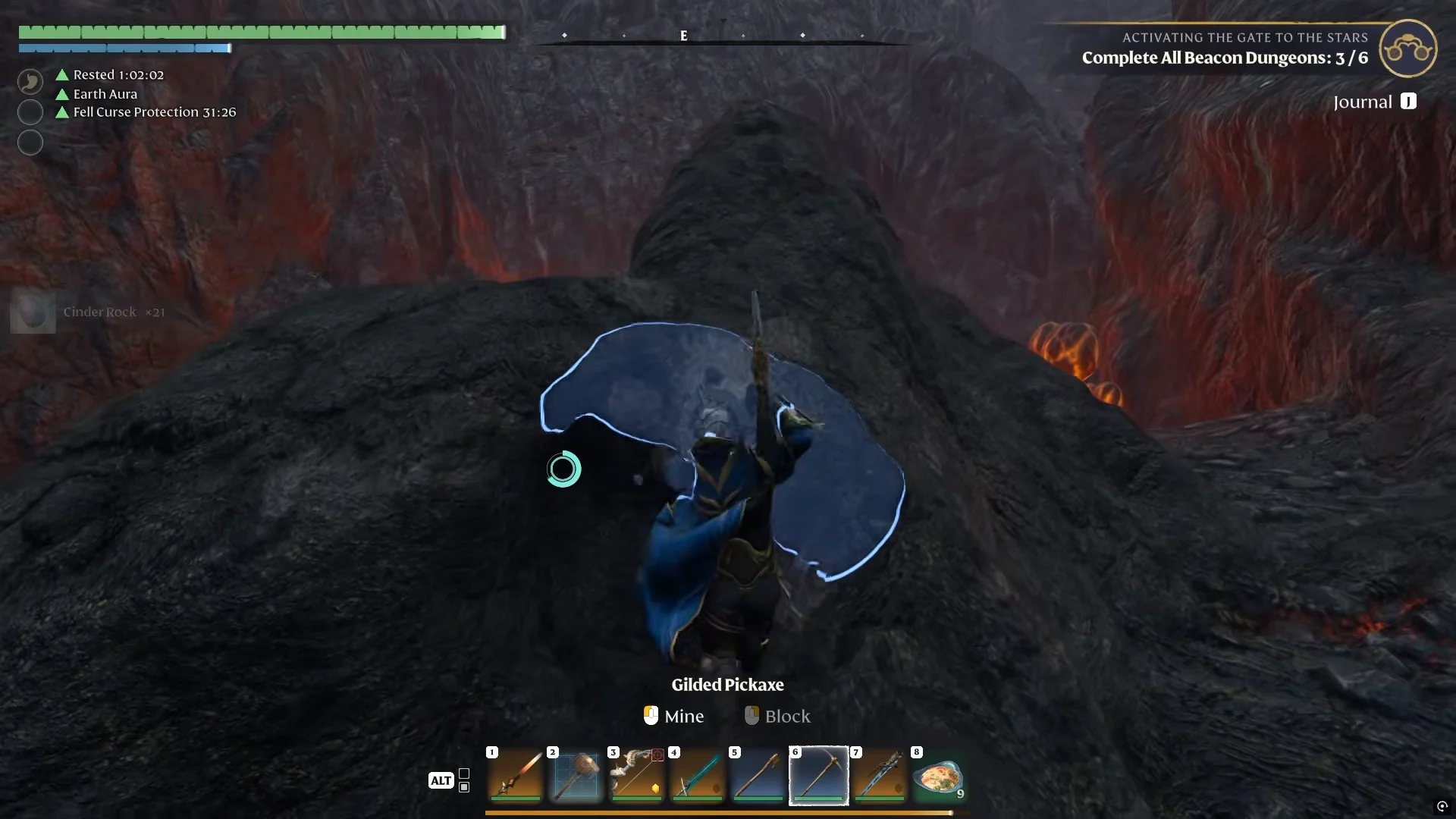 mining the dark rock in Cinder's Cradle with a pickaxe