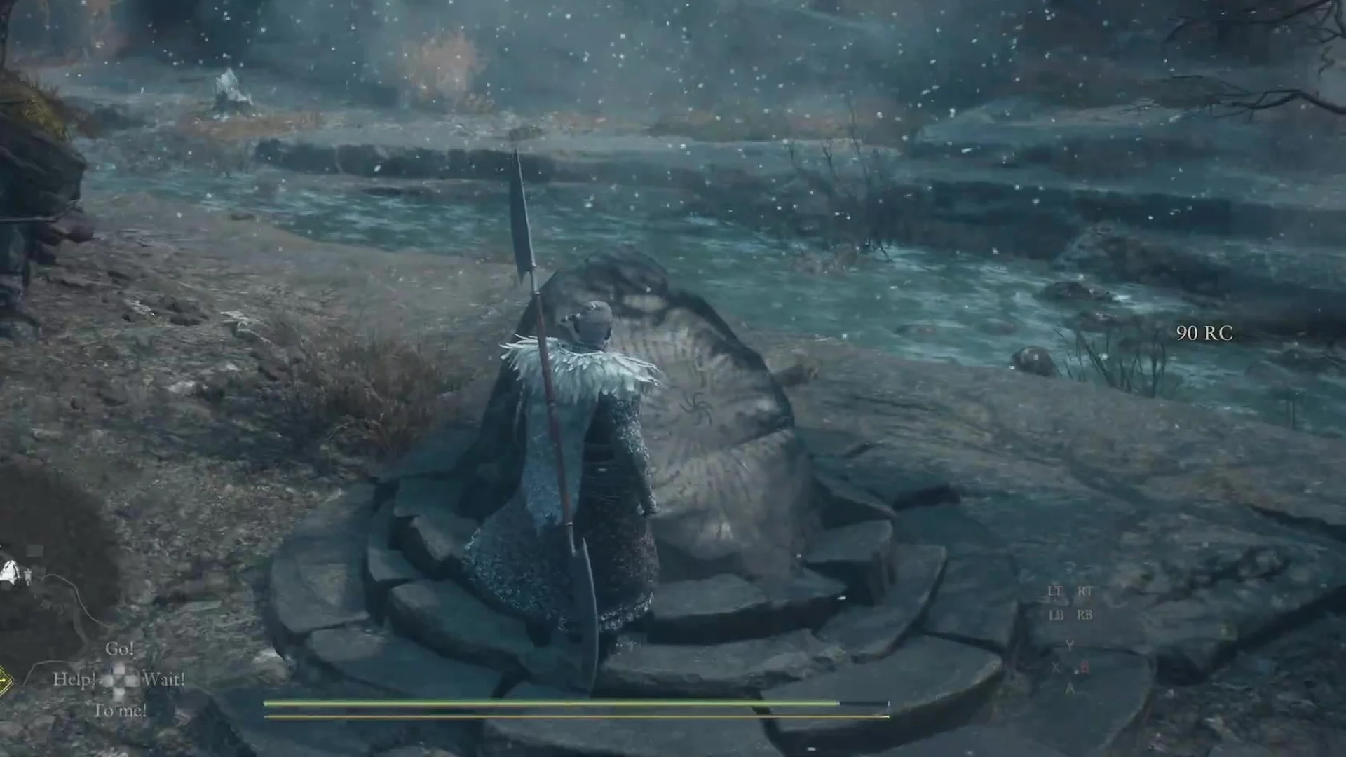 The Arisen on the stone base in front of the rebuilt rounded riftstone, with 90 RC shown on the right