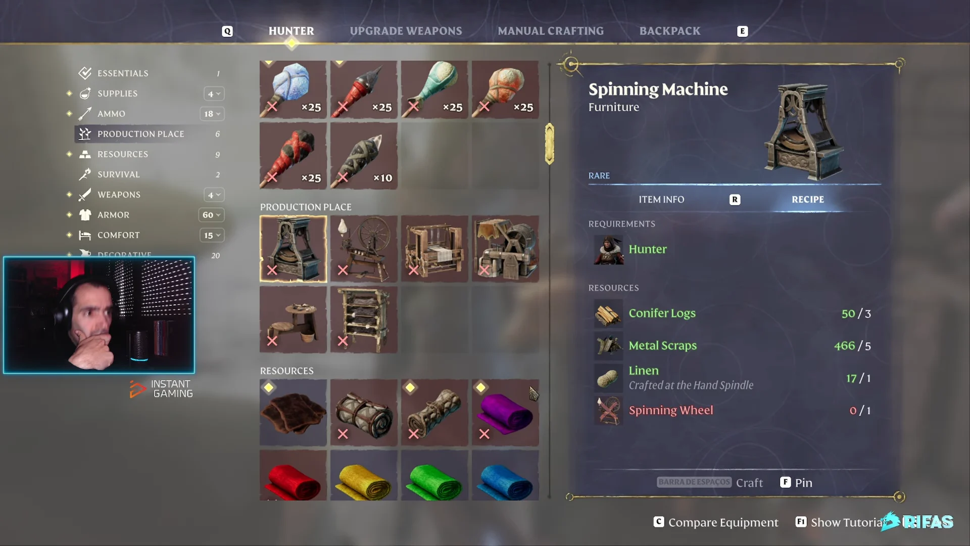 the Spinning Machine recipe at the Hunter (3 Conifer Logs, 5 Metal Scraps, 1 Linen, 1 Spinning Wheel)
