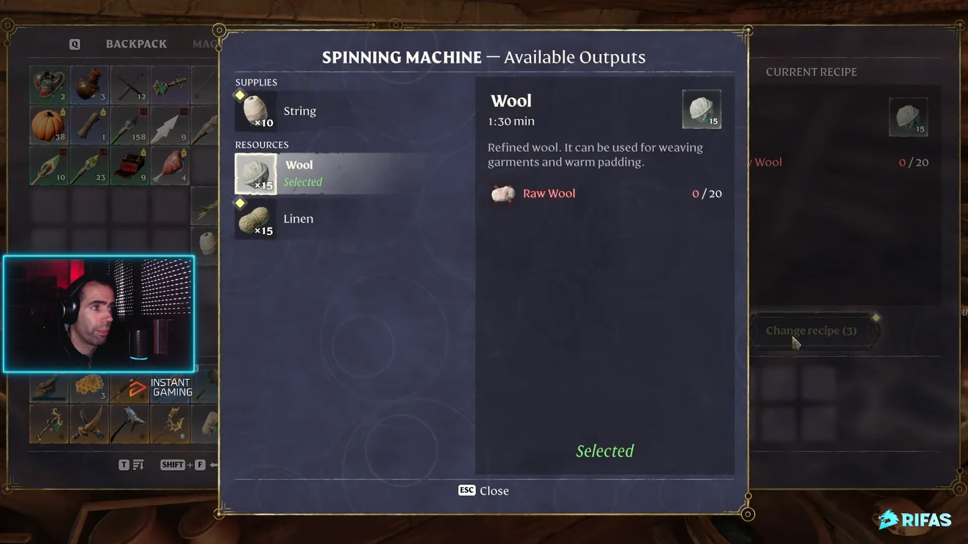 the Spinning Machine outputs (String, Wool, Linen)