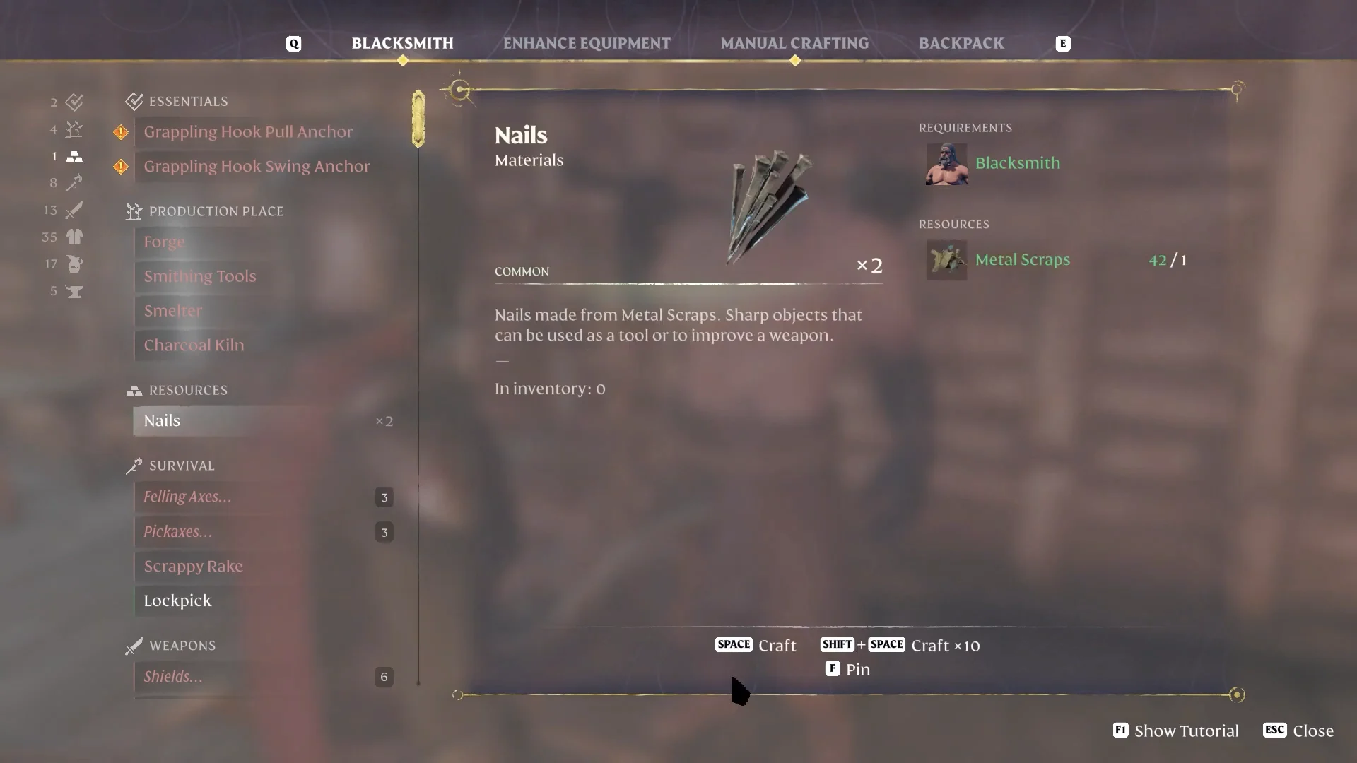 Nails recipe in the Blacksmith menu