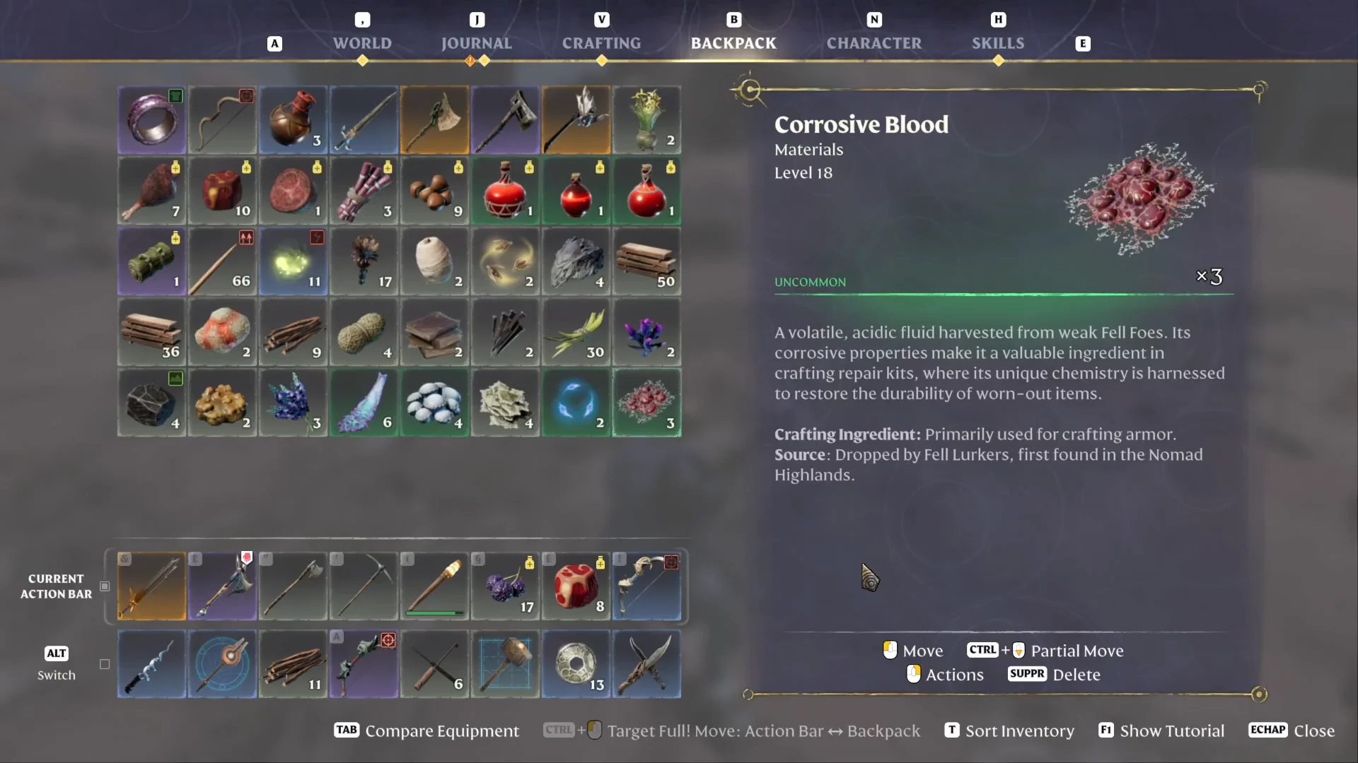 Corrosive Blood item text in the backpack