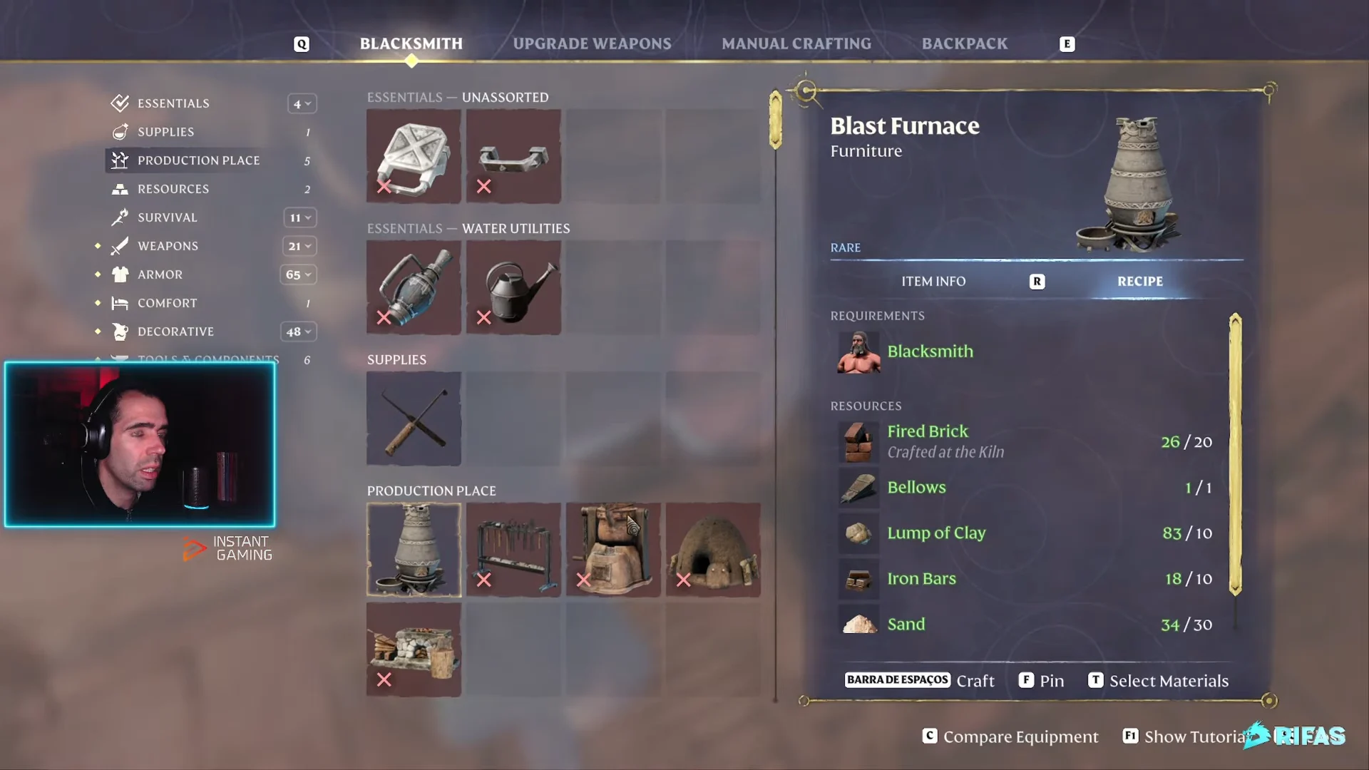 the Blast Furnace recipe at the Blacksmith (20 Fired Brick, 1 Bellows, 10 Lump of Clay, 10 Iron Bars, 30 Sand)