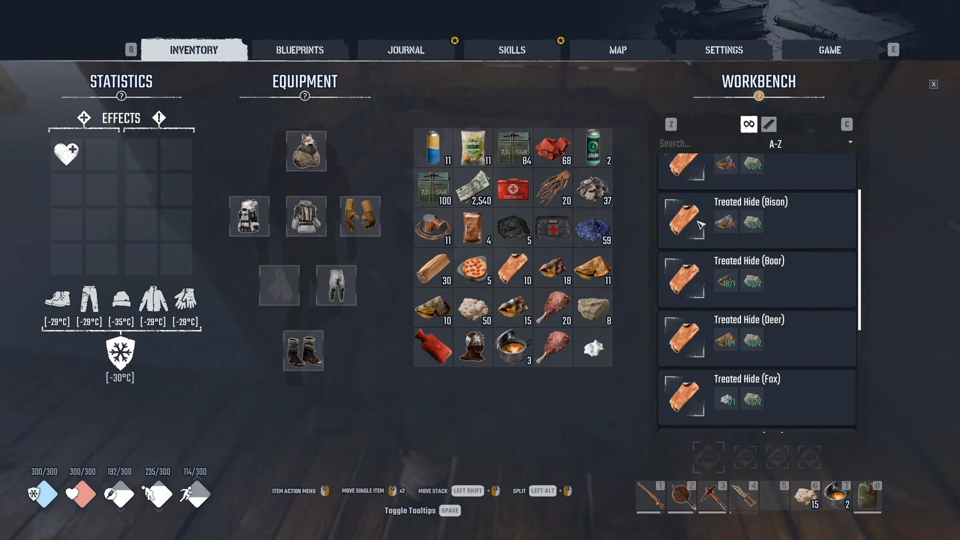Tanning Rack recipe list with pelt and fat needs