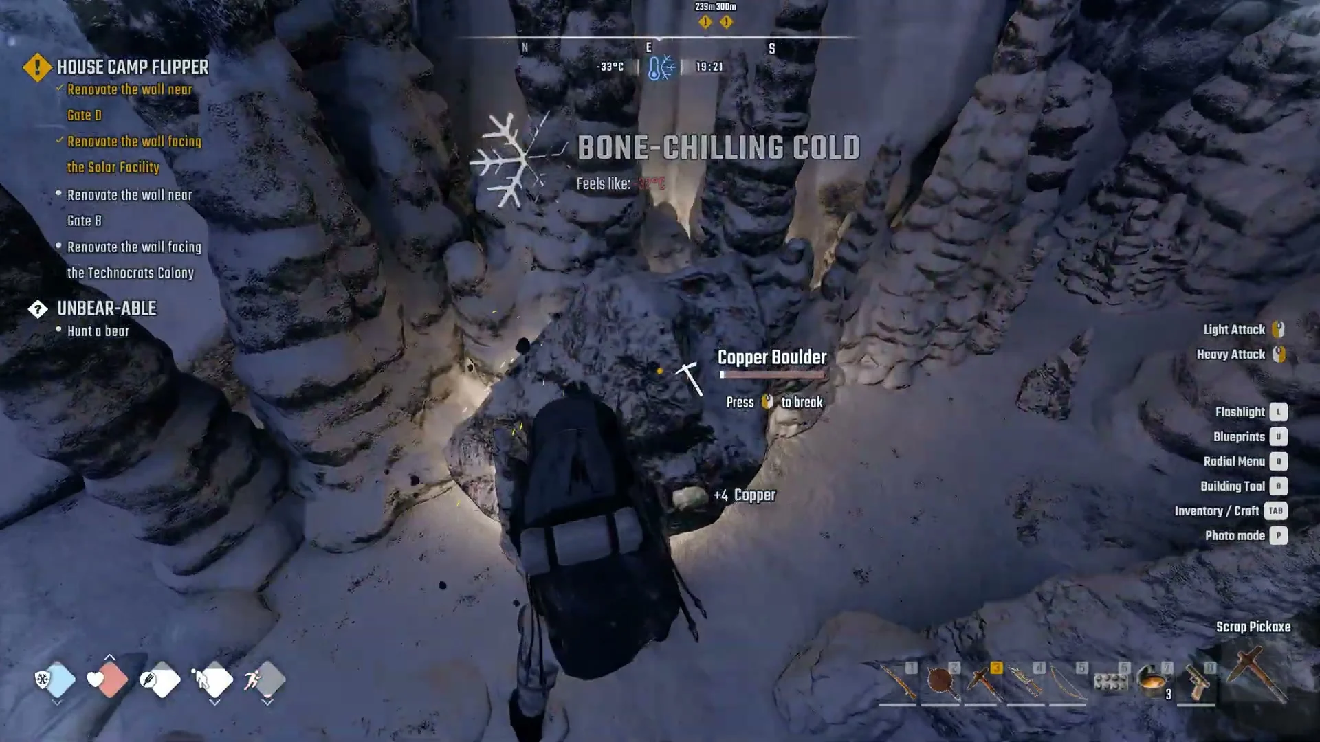 Prompt Copper Boulder, Press left mouse button to break, with +4 Copper beside it and a Bone-Chilling Cold banner above