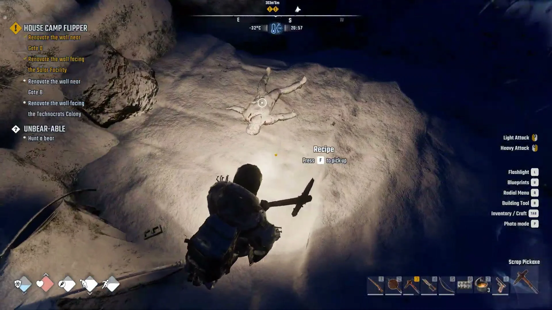 A frozen body lying in the snow of the gold chamber with the prompt Recipe, Press F to pick up beside it