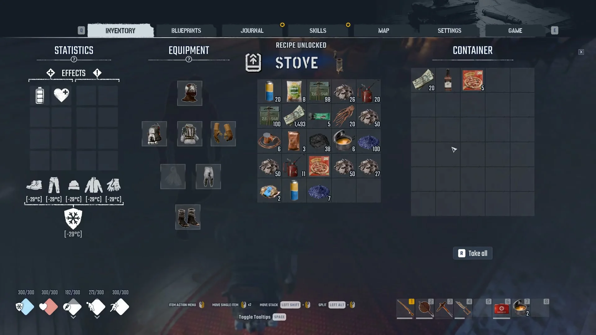 Container panel under the banner Recipe Unlocked, Stove, holding 20 Bucks, a bottle of Whiskey and Frozen Pizza, with Take all below
