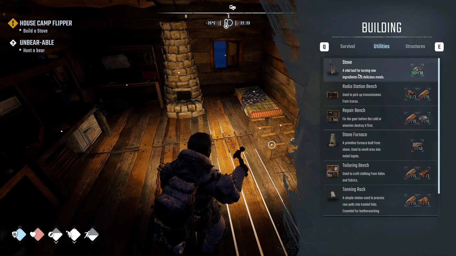 Building menu with the tabs Survival, Utilities and Structures, Utilities selected and Stove first in the list with its Scrap counter
