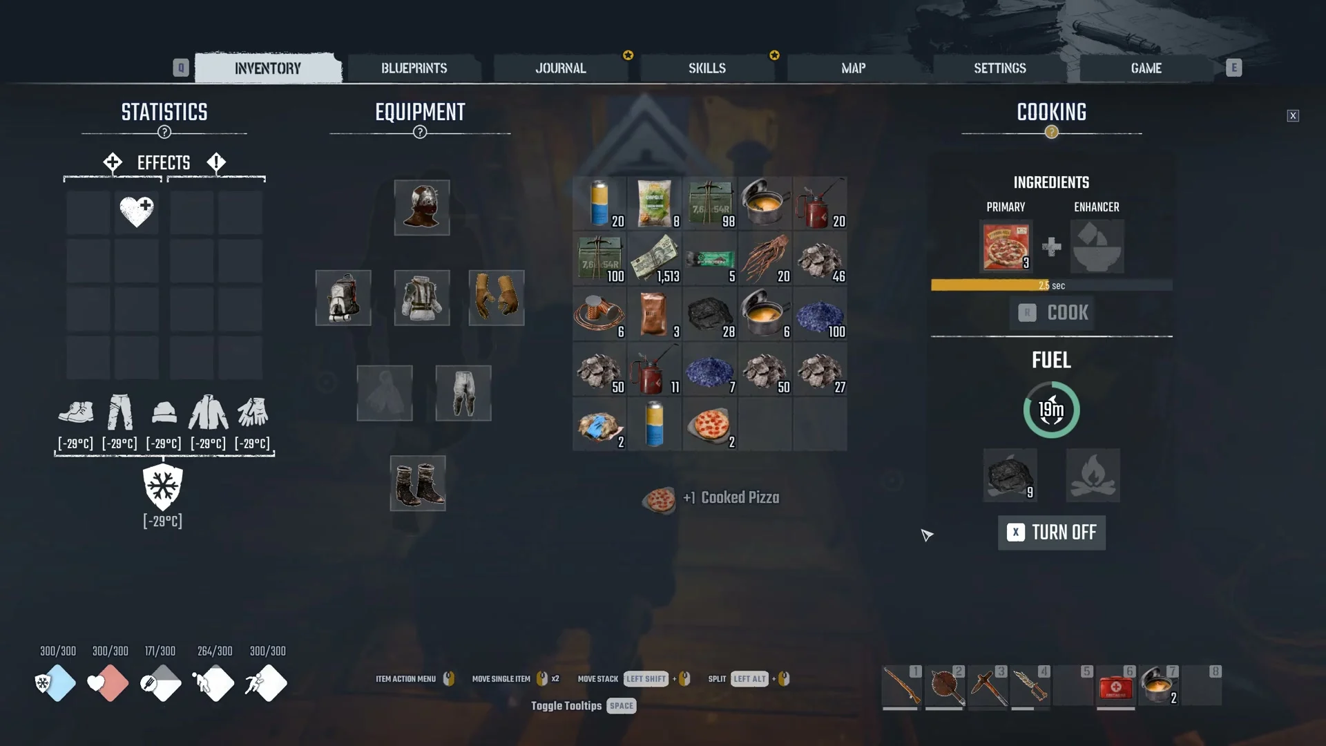 Cooking panel with Frozen Pizza in the Primary slot, an empty Enhancer slot and a +1 Cooked Pizza line