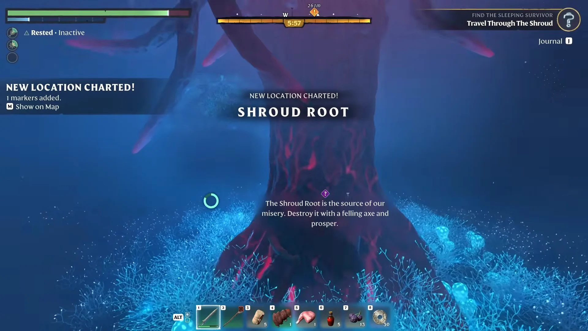 A Shroud Root at the bottom of the Springlands Elixir Well, with its on-screen prompt