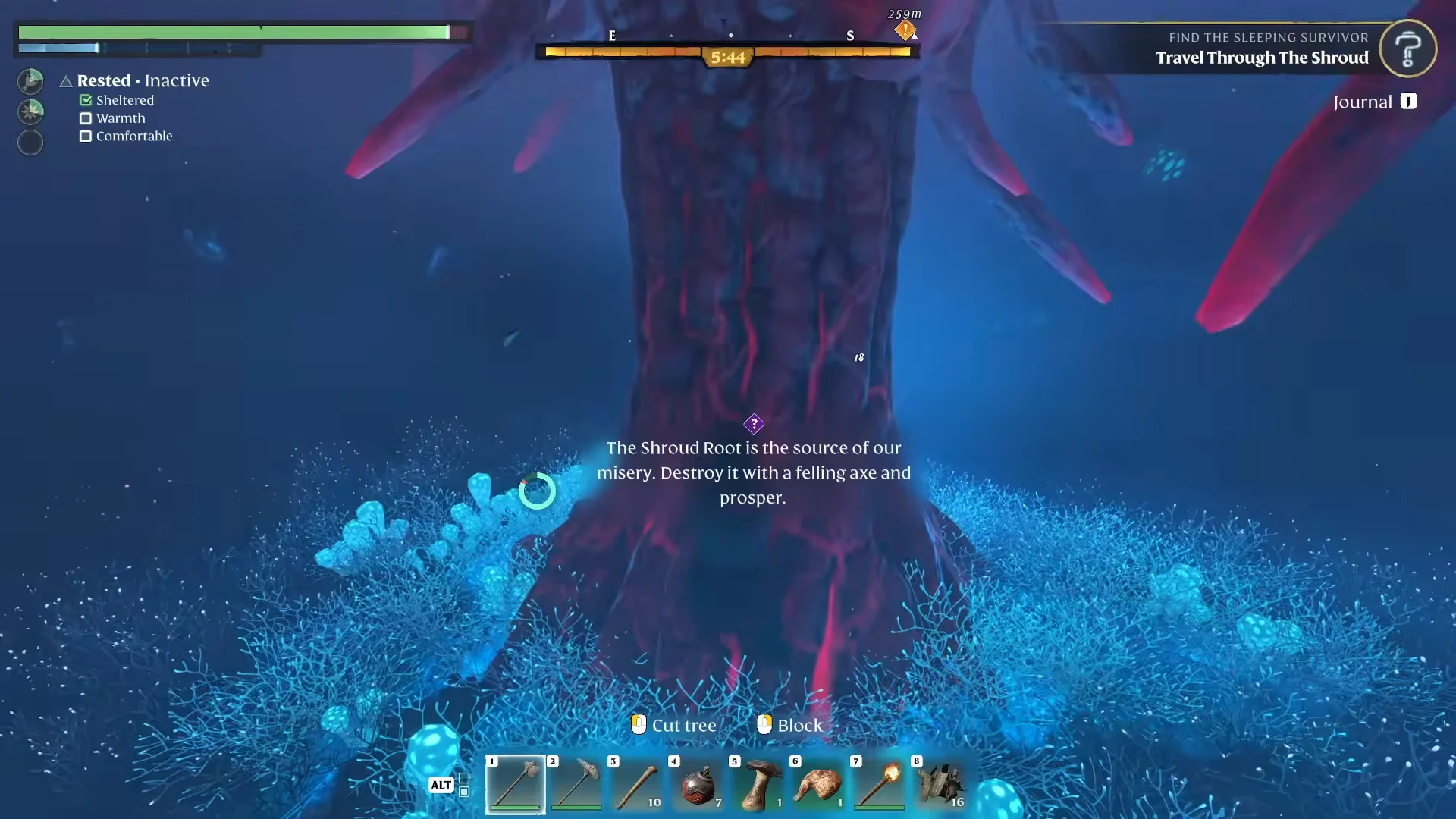 The Cut tree prompt at a Shroud Root with an axe equipped