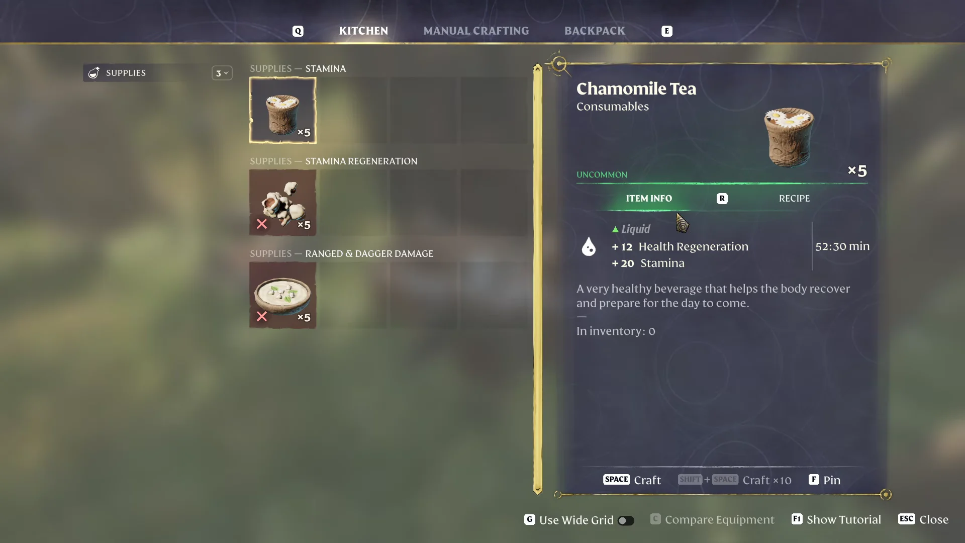 Kitchen tab, Chamomile Tea item card with Liquid type and buffs