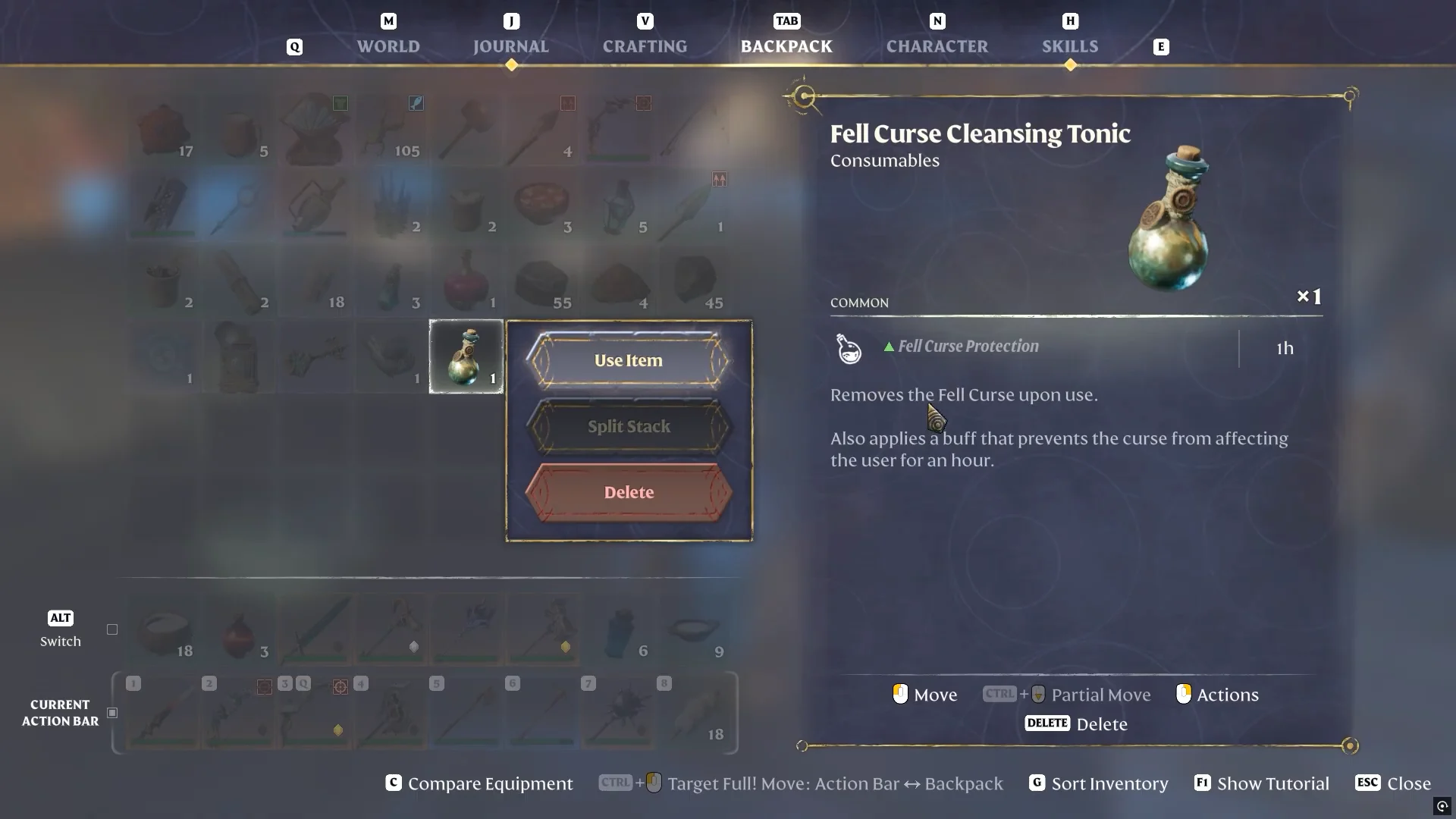 Fell Curse Cleansing Tonic in the backpack with Use Item