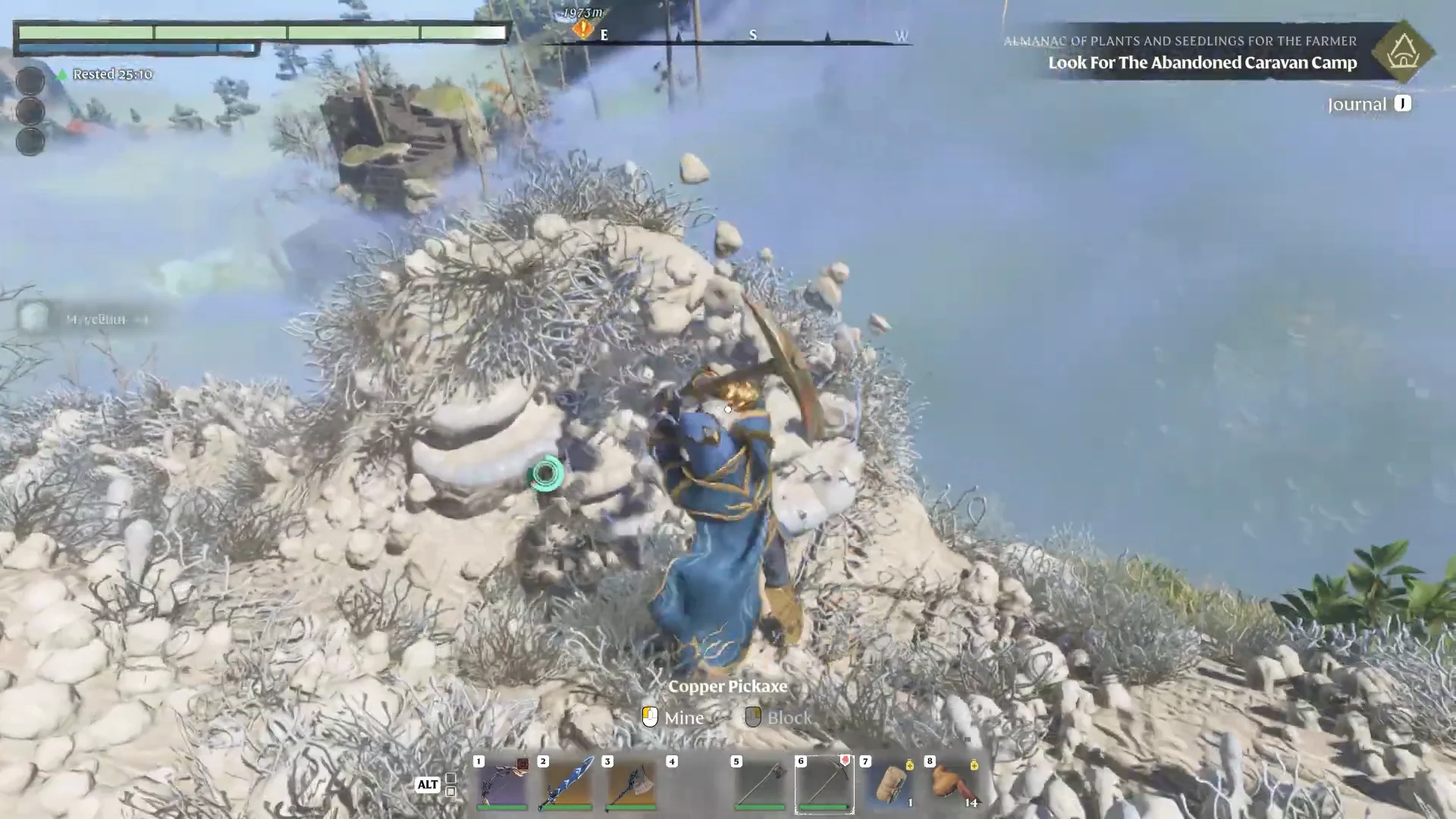 Mining the white mushroom-covered ground with a pickaxe