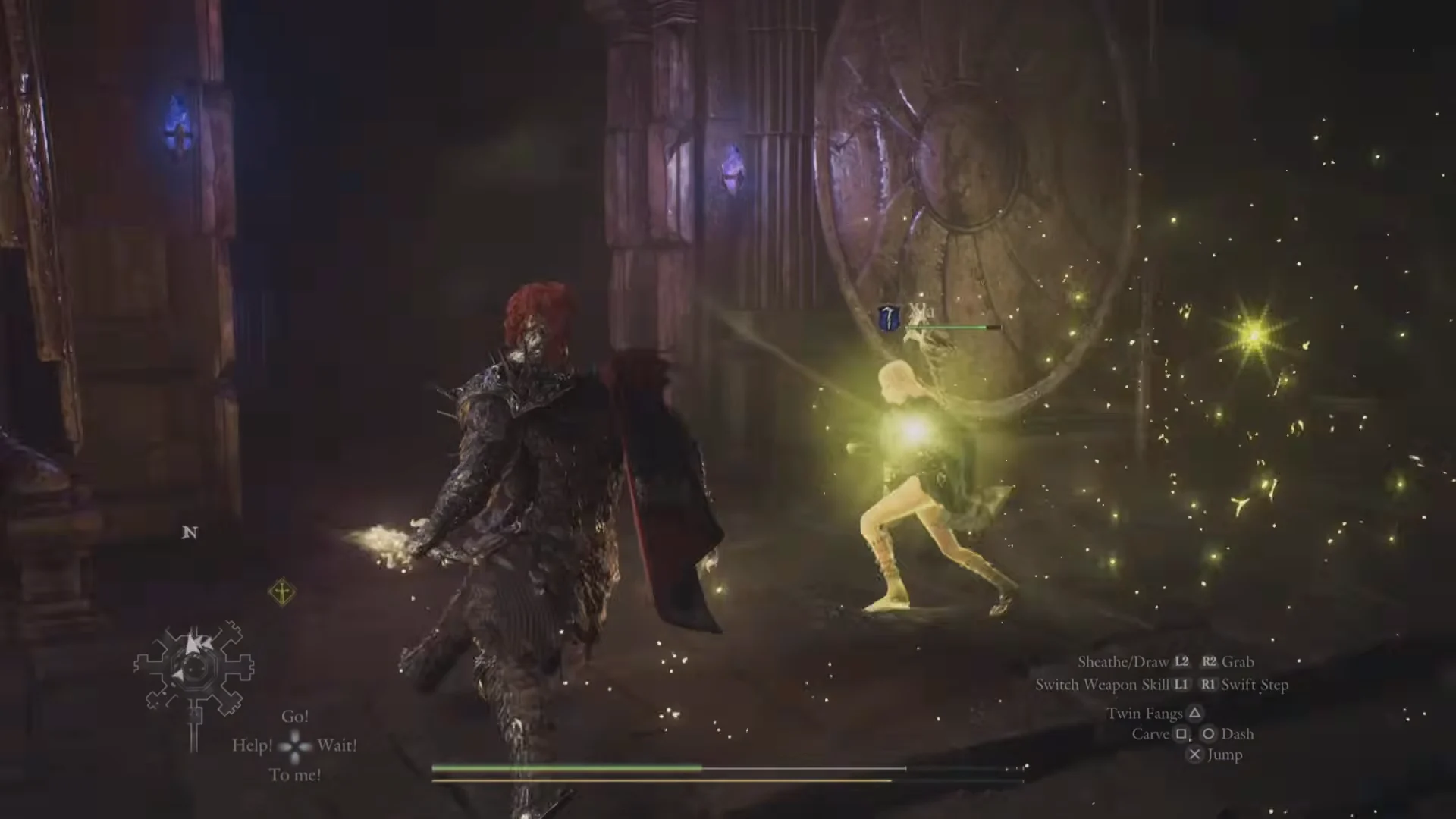 Magenta seal between shield statues