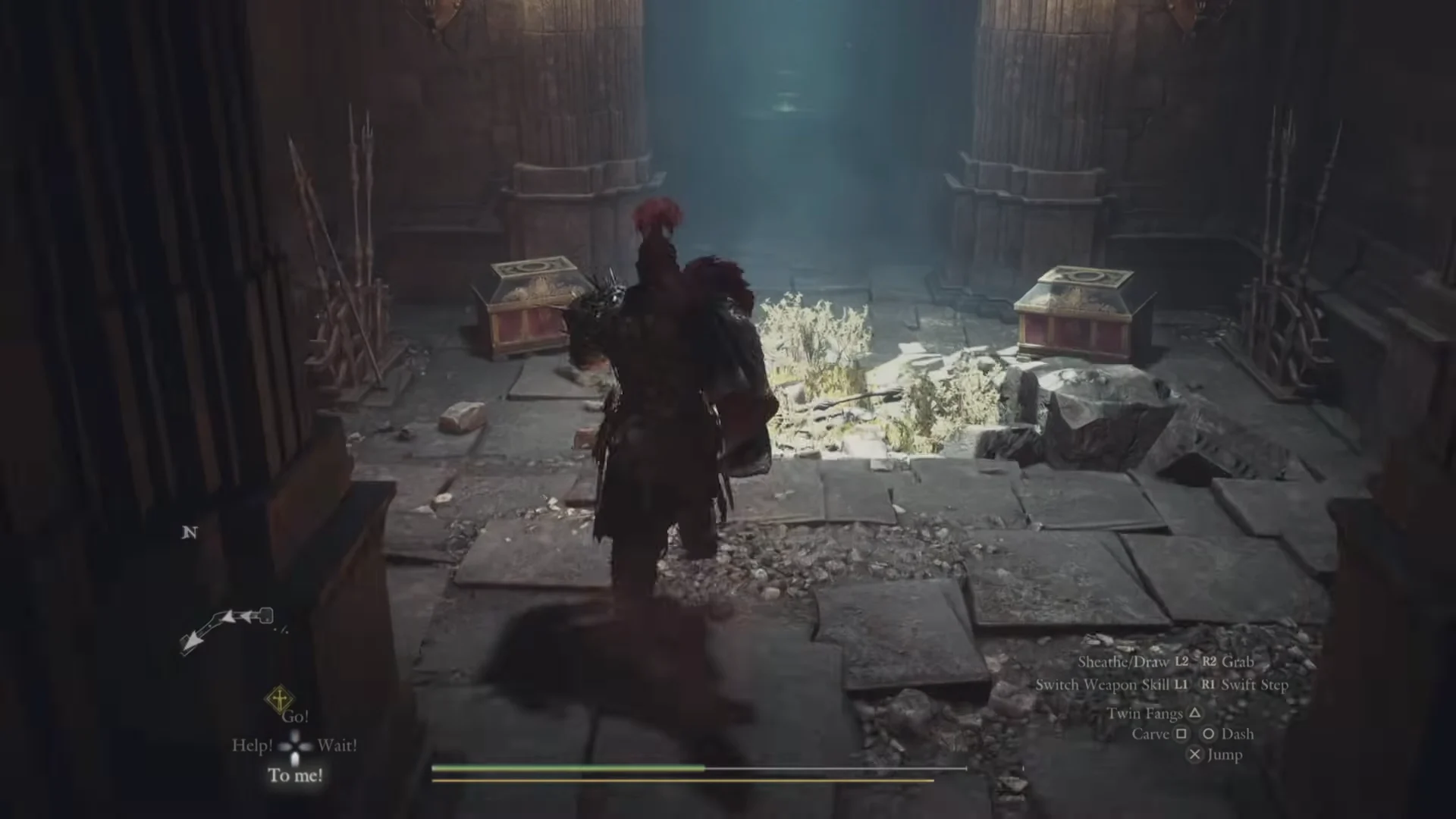 Two red chests in the weapon-rack room