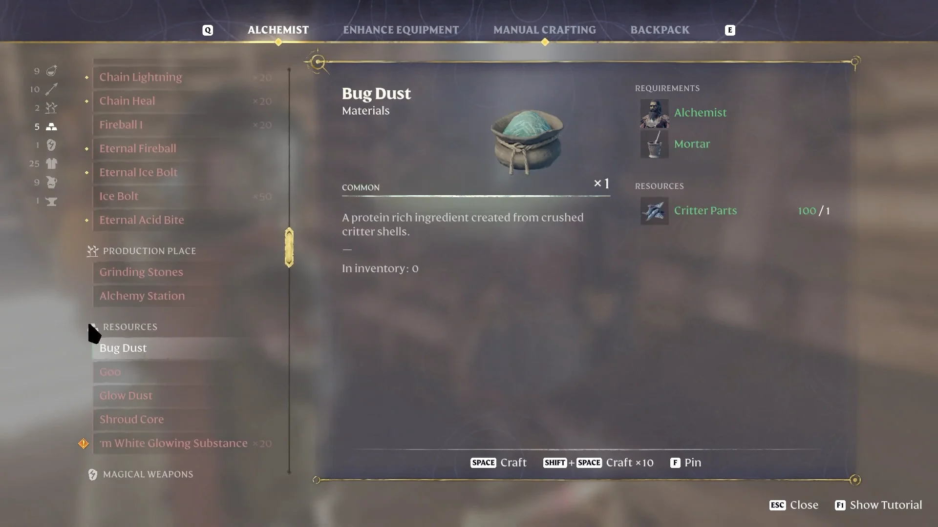 Bug Dust recipe at the Alchemist, needs the Mortar
