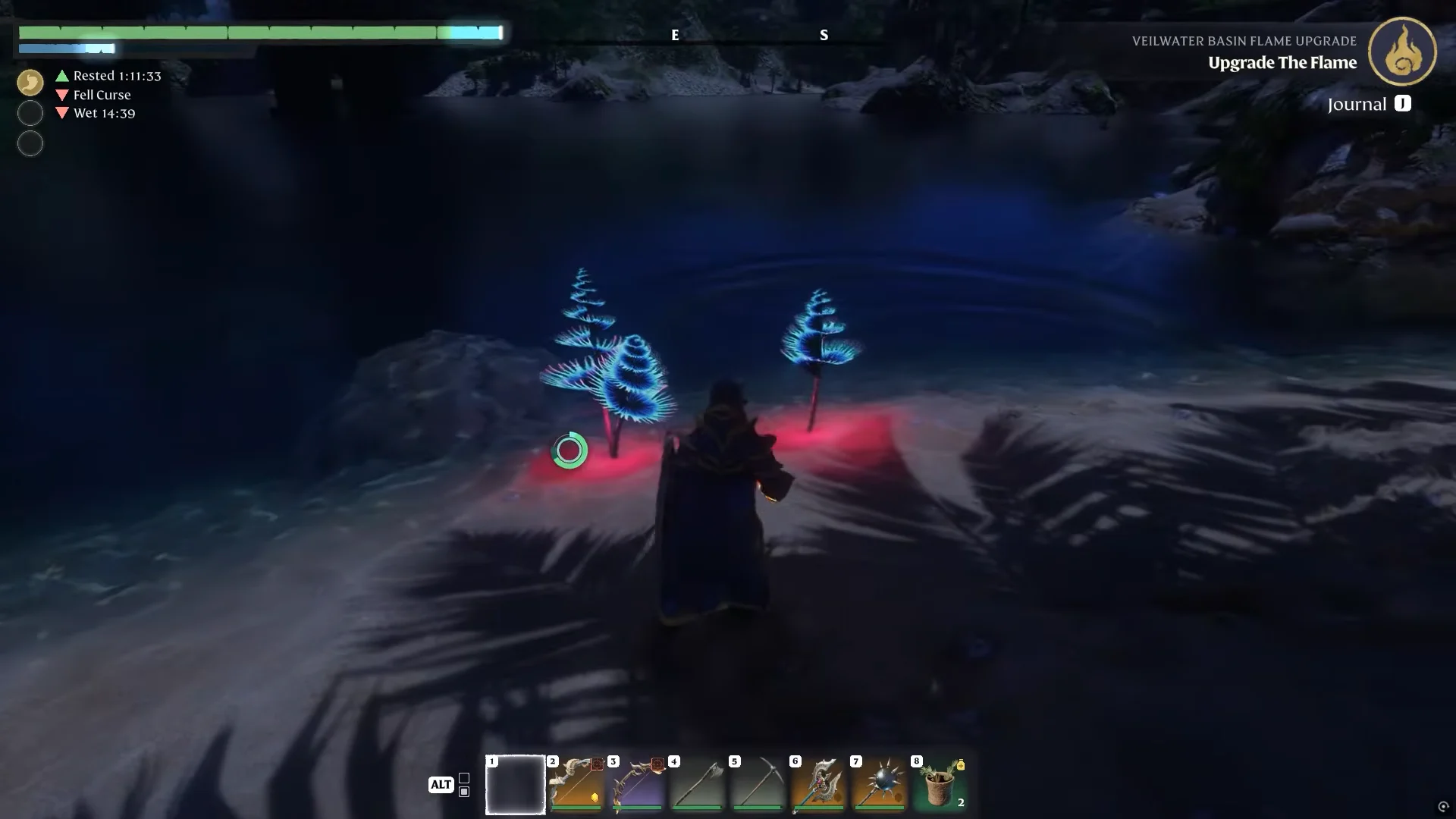glowing blue Gleam Root plants in the water at night