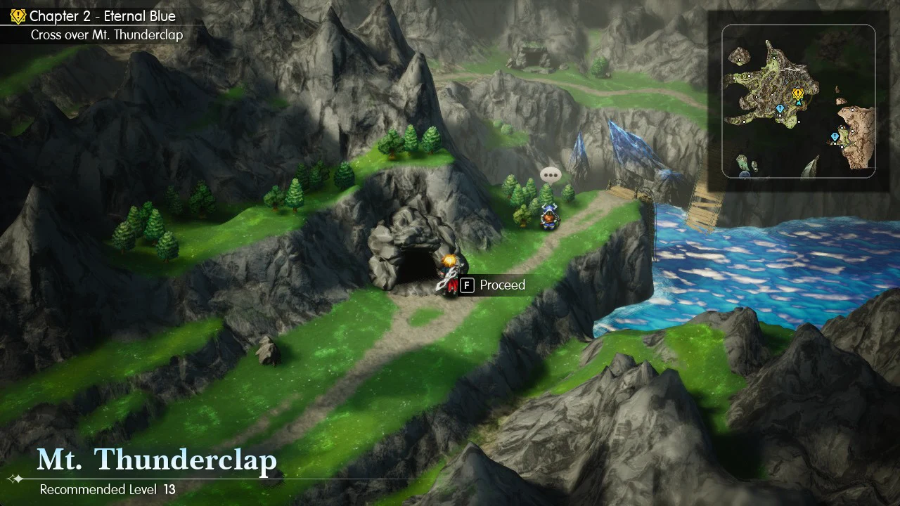 Party at the Mt. Thunderclap cave entrance with the F Proceed prompt on screen
