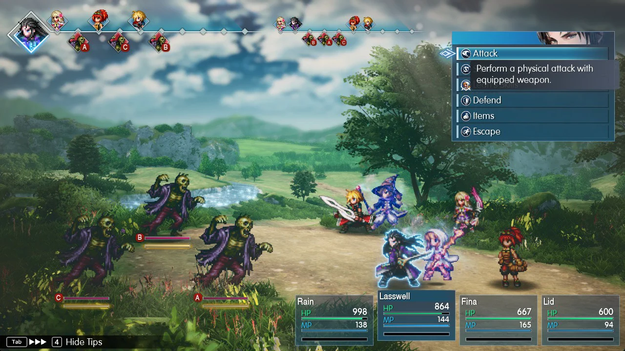 Battle command menu on the Dirnado field with Attack highlighted for Lasswell
