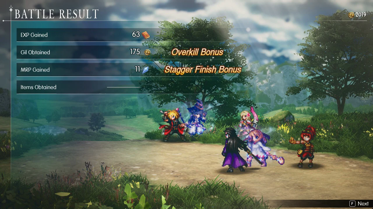 Battle Result screen listing EXP, Gil and MRP earned, with an F prompt for Next